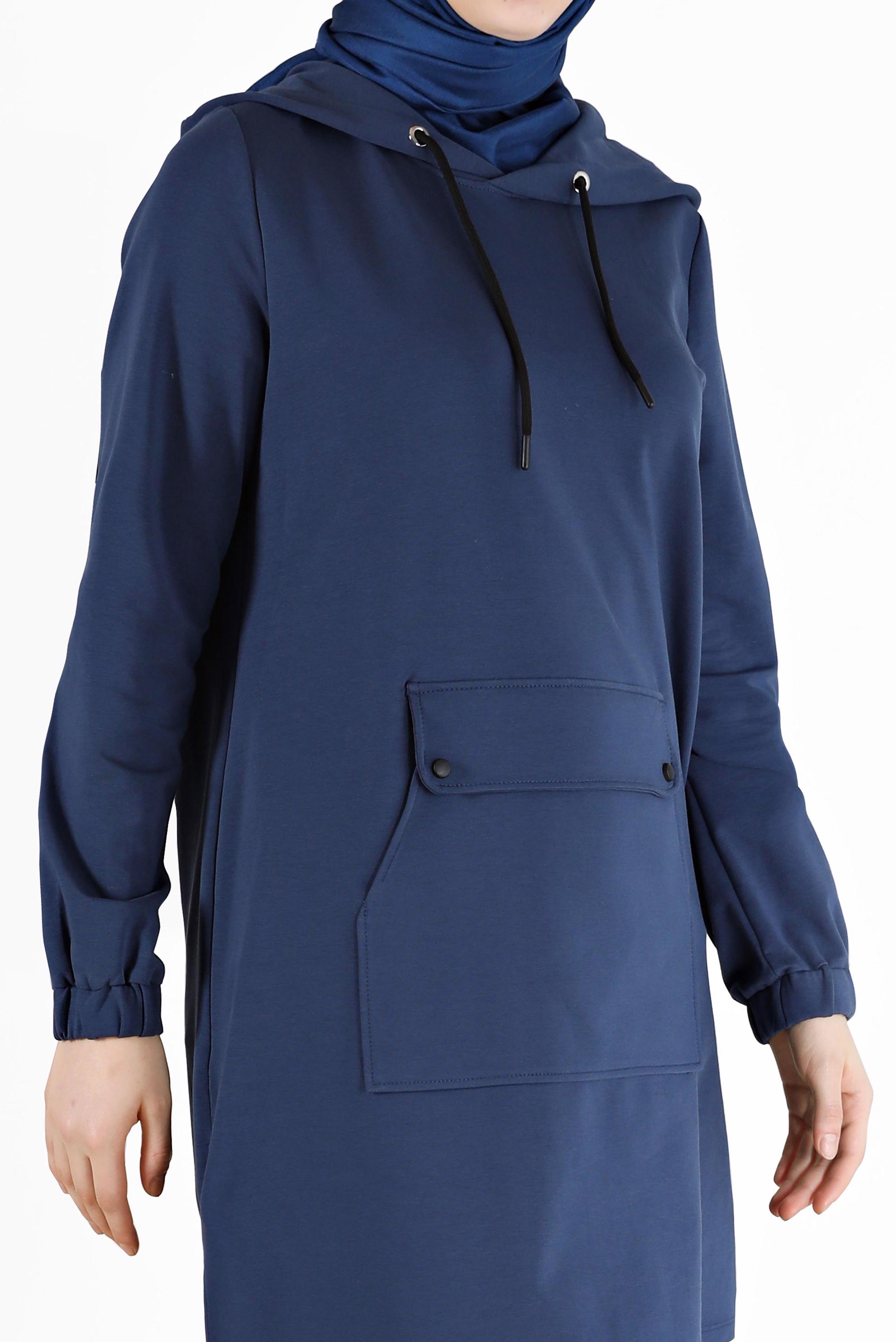 Tesettür giyim LACİVERT MANŞETLERİ LASTİKLİ KAPÜŞONLU EŞOFMAN TUNİK 42342 