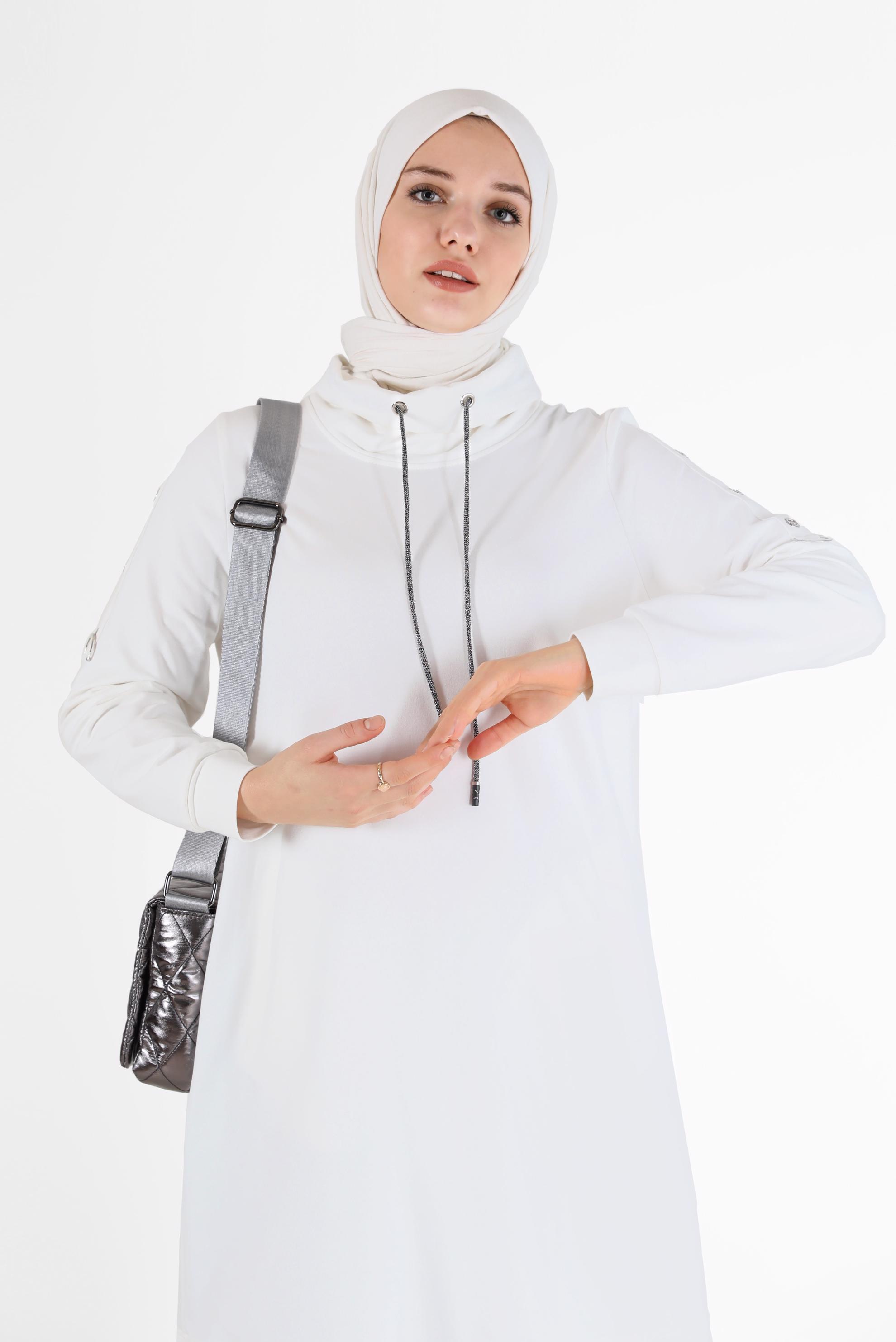 Tesettür giyim BEYAZ KOLLARI KUŞGÖZÜ DETAYLI DEGAJE YAKA EŞOFMAN TUNİK 42343 