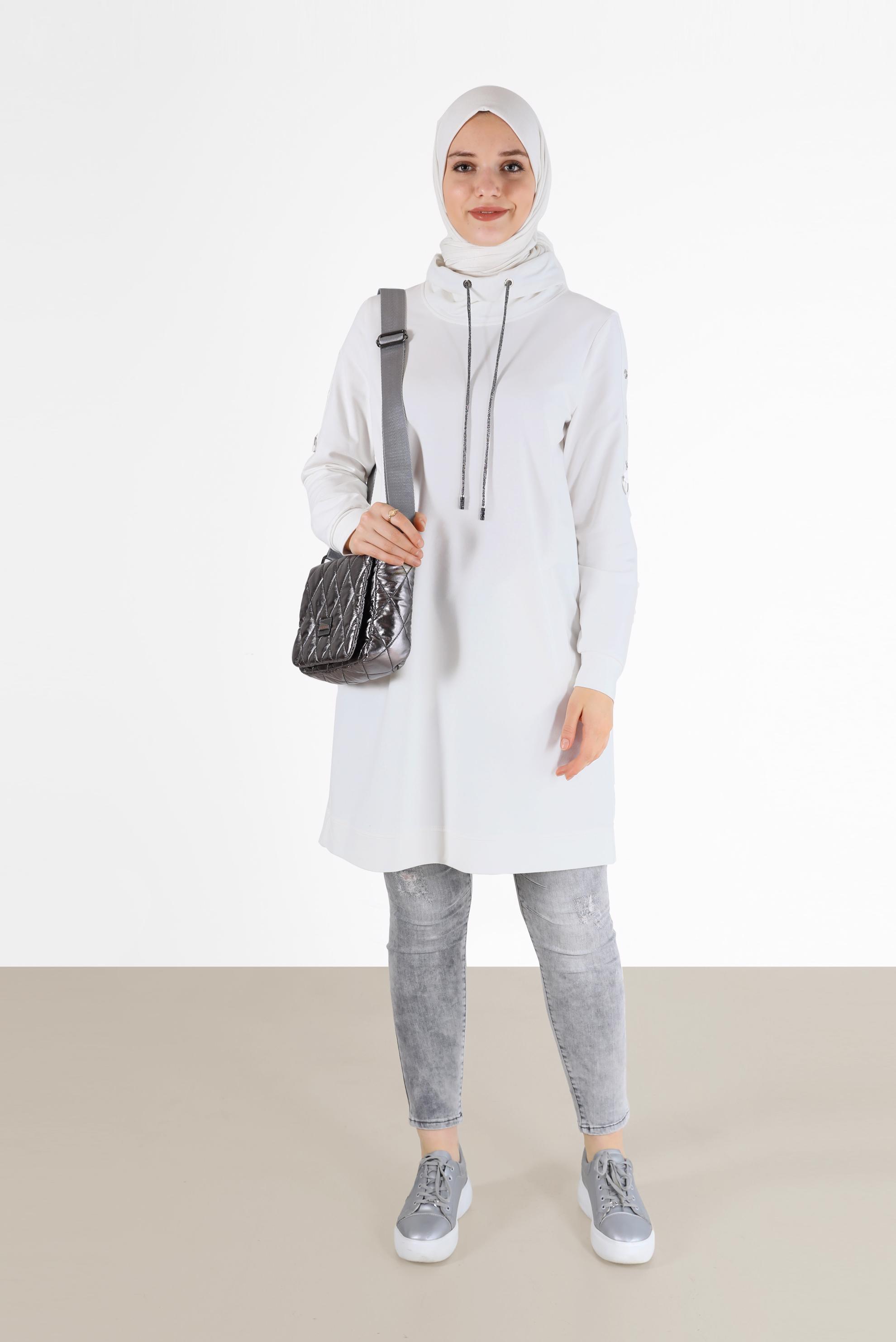 Tesettür giyim BEYAZ KOLLARI KUŞGÖZÜ DETAYLI DEGAJE YAKA EŞOFMAN TUNİK 42343 