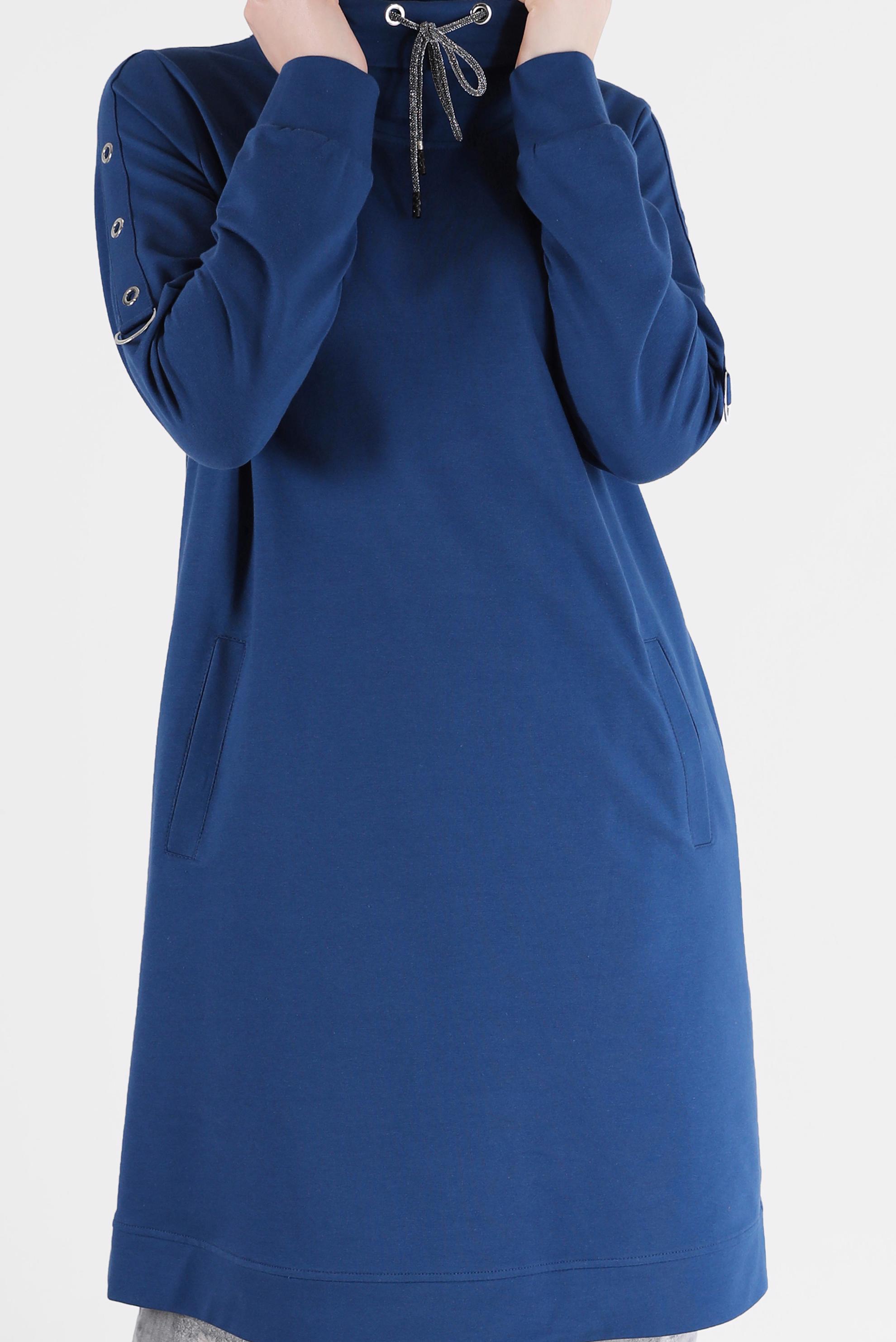 Tesettür giyim LACİVERT KOLLARI KUŞGÖZÜ DETAYLI DEGAJE YAKA EŞOFMAN TUNİK 42343 