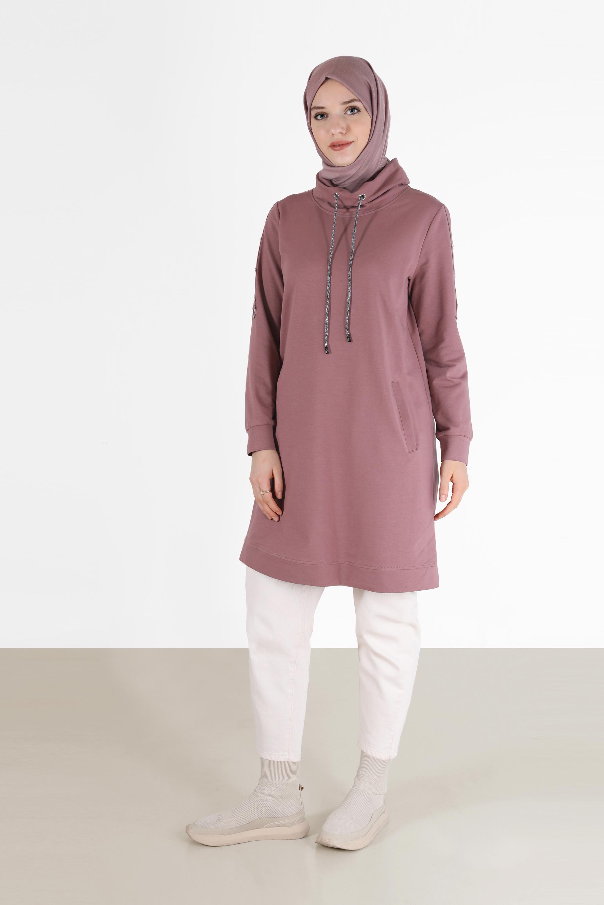 Tesettür giyim PEMBE KOLLARI KUŞGÖZÜ DETAYLI DEGAJE YAKA EŞOFMAN TUNİK 42343 