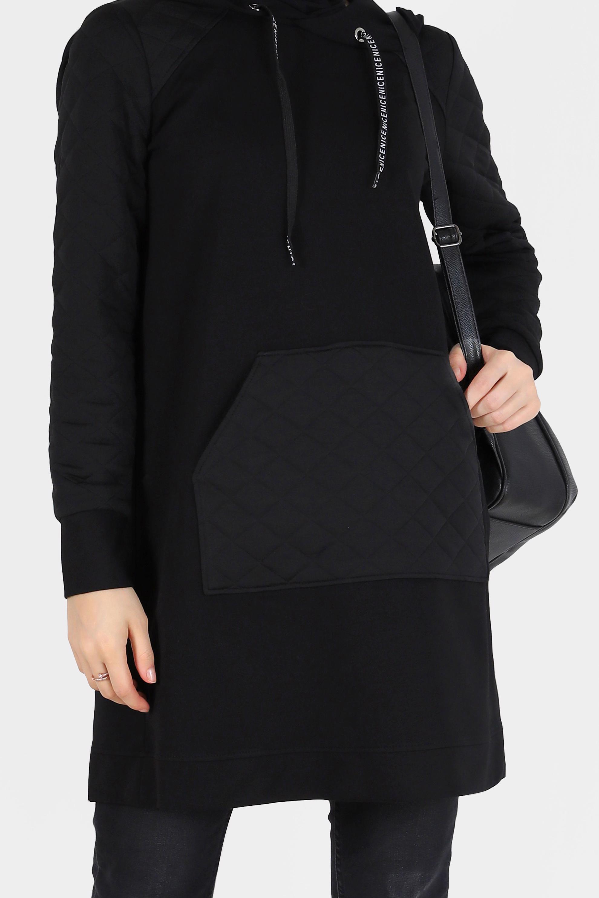 Tesettür giyim SİYAH KAPİTONE DESEN DETAYLI KAPÜŞONLU EŞOFMAN TUNİK 42344 