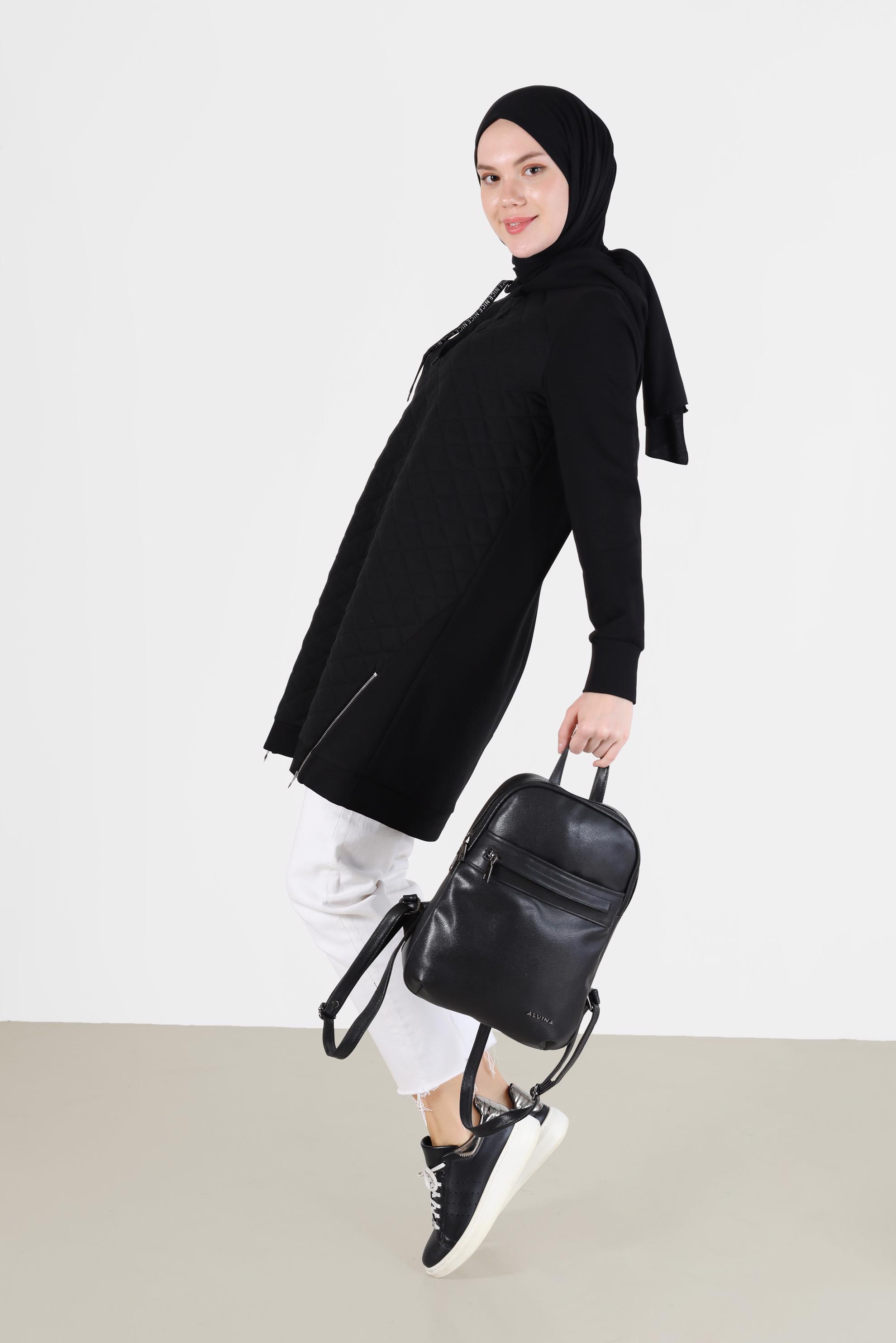 Tesettür giyim SİYAH FERMUAR DETAYLI KAPİTONE DESEN KAPÜŞONLU EŞOFMAN TUNİK 42345 