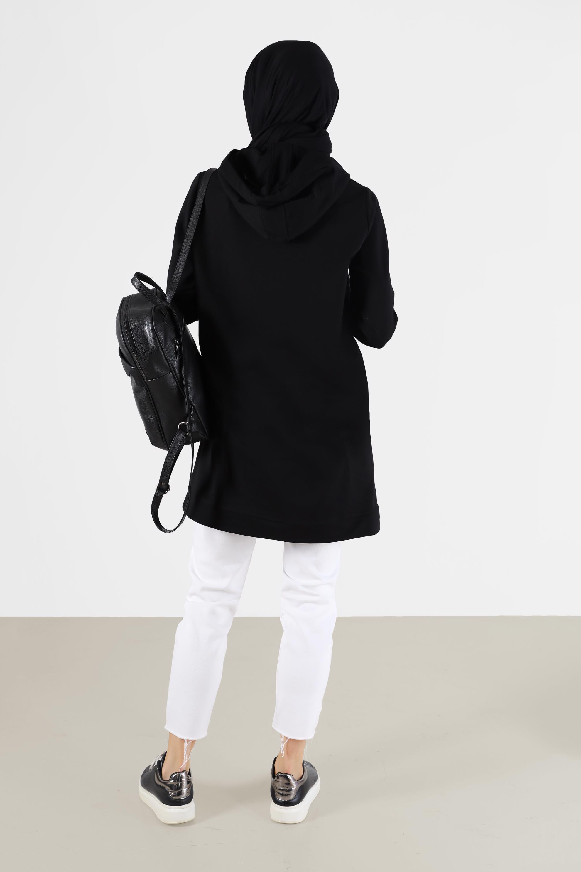 Tesettür giyim SİYAH FERMUAR DETAYLI KAPİTONE DESEN KAPÜŞONLU EŞOFMAN TUNİK 42345 