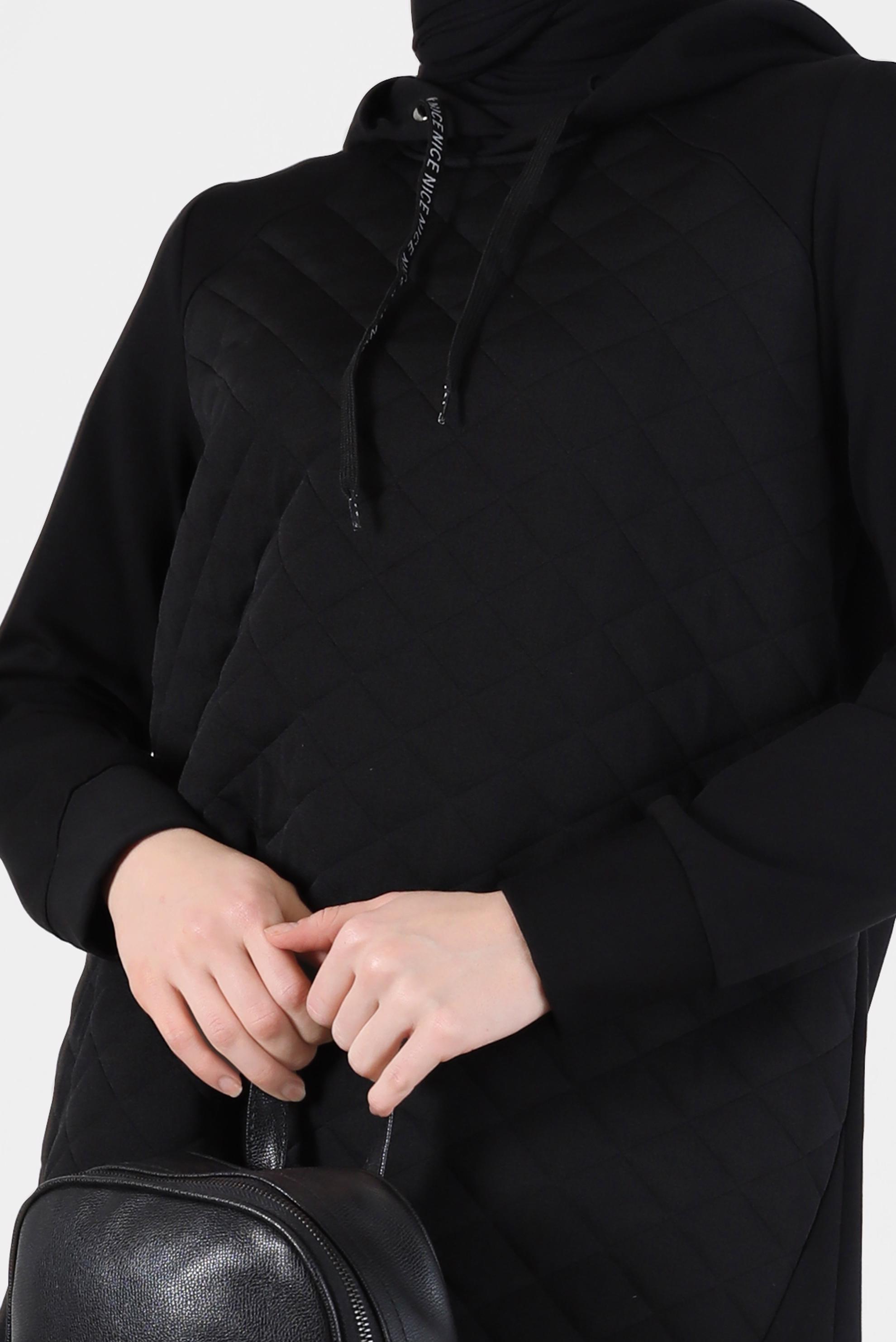 Tesettür giyim SİYAH FERMUAR DETAYLI KAPİTONE DESEN KAPÜŞONLU EŞOFMAN TUNİK 42345 