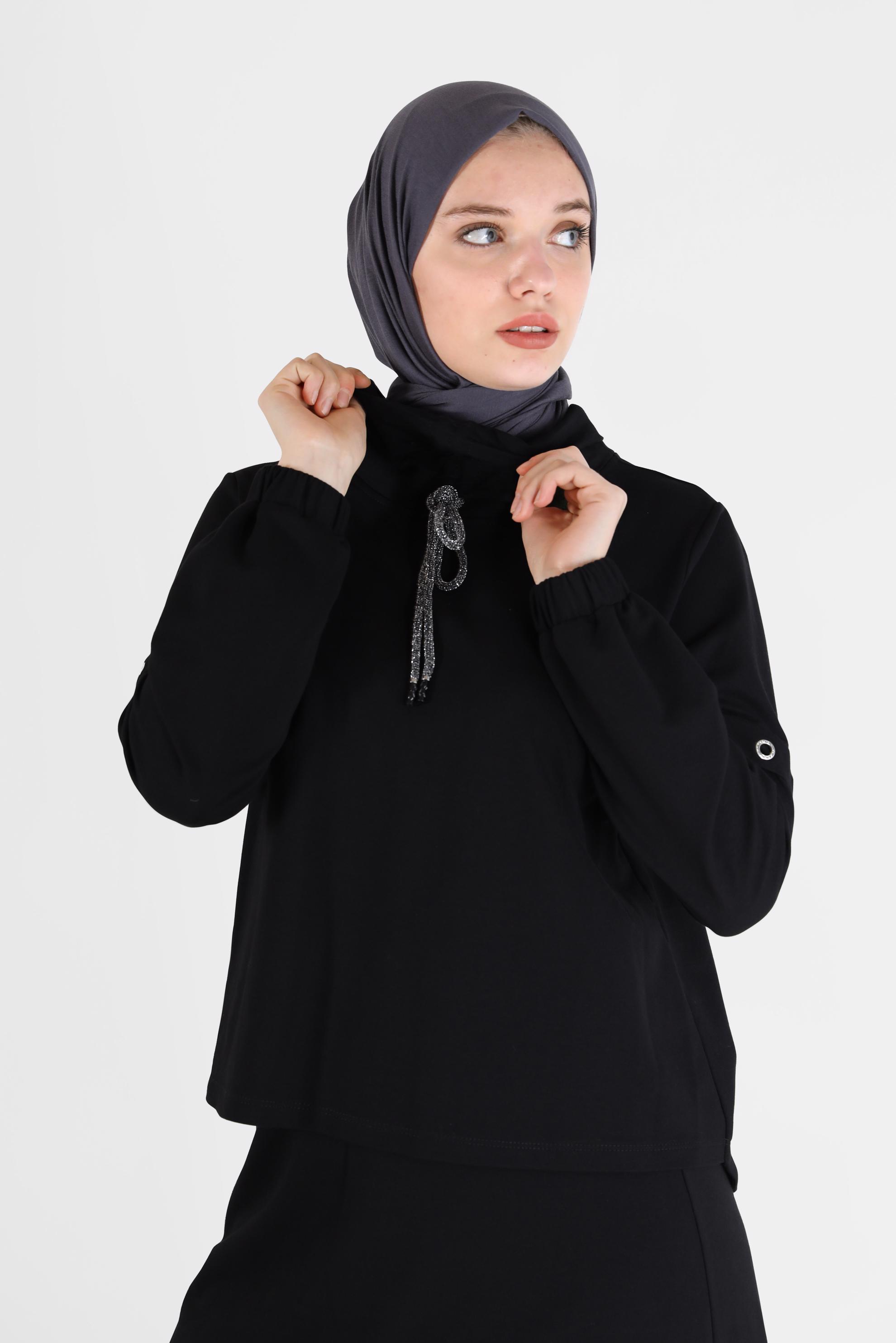 Vêtements hijab NOIR ENSEMBLE DE SURVÊTEMENT JUPE 2 PIÈCES À COL COL CHEMISIER AVEC OEILLETS 42347
