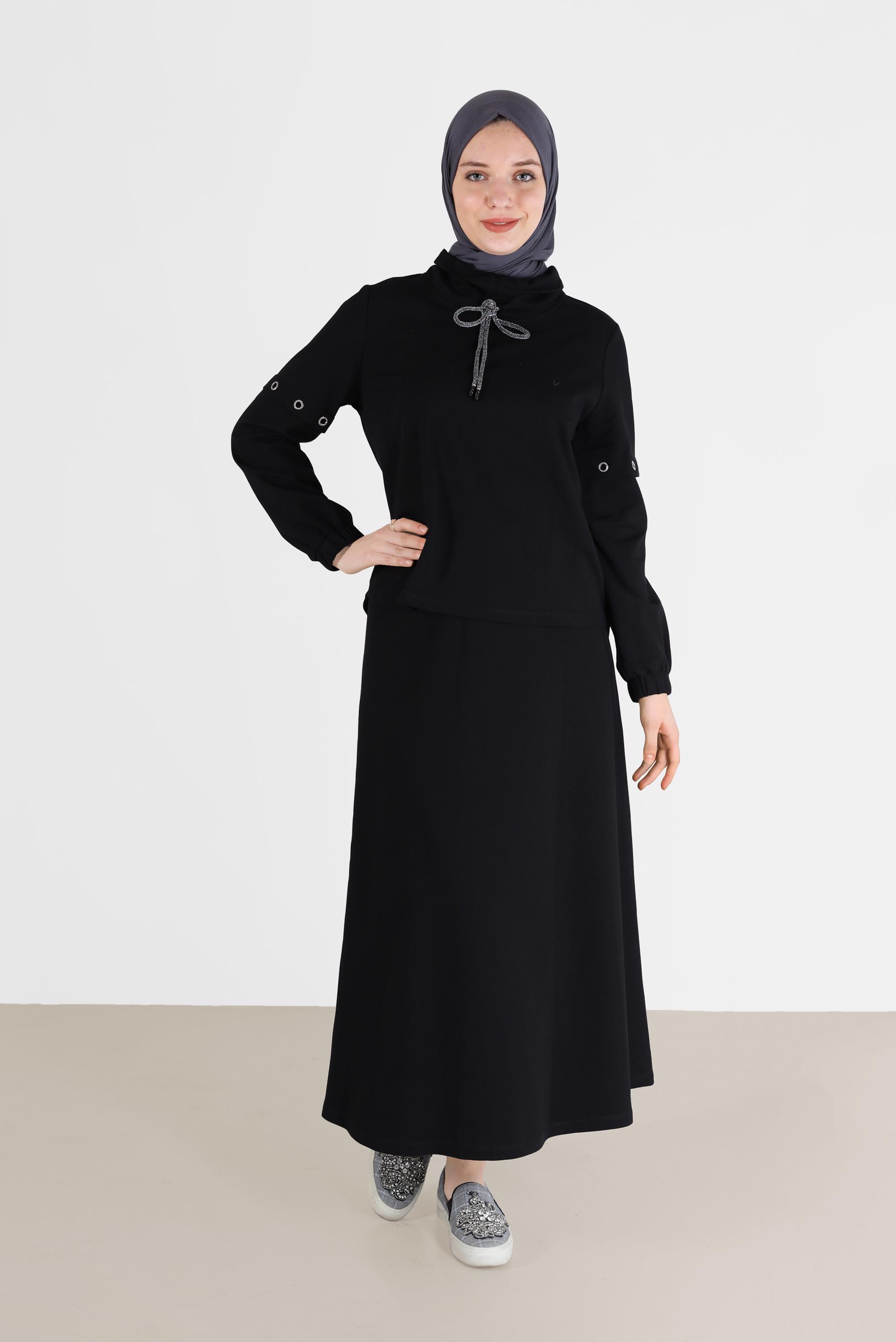 Vêtements hijab NOIR ENSEMBLE DE SURVÊTEMENT JUPE 2 PIÈCES À COL COL CHEMISIER AVEC OEILLETS 42347