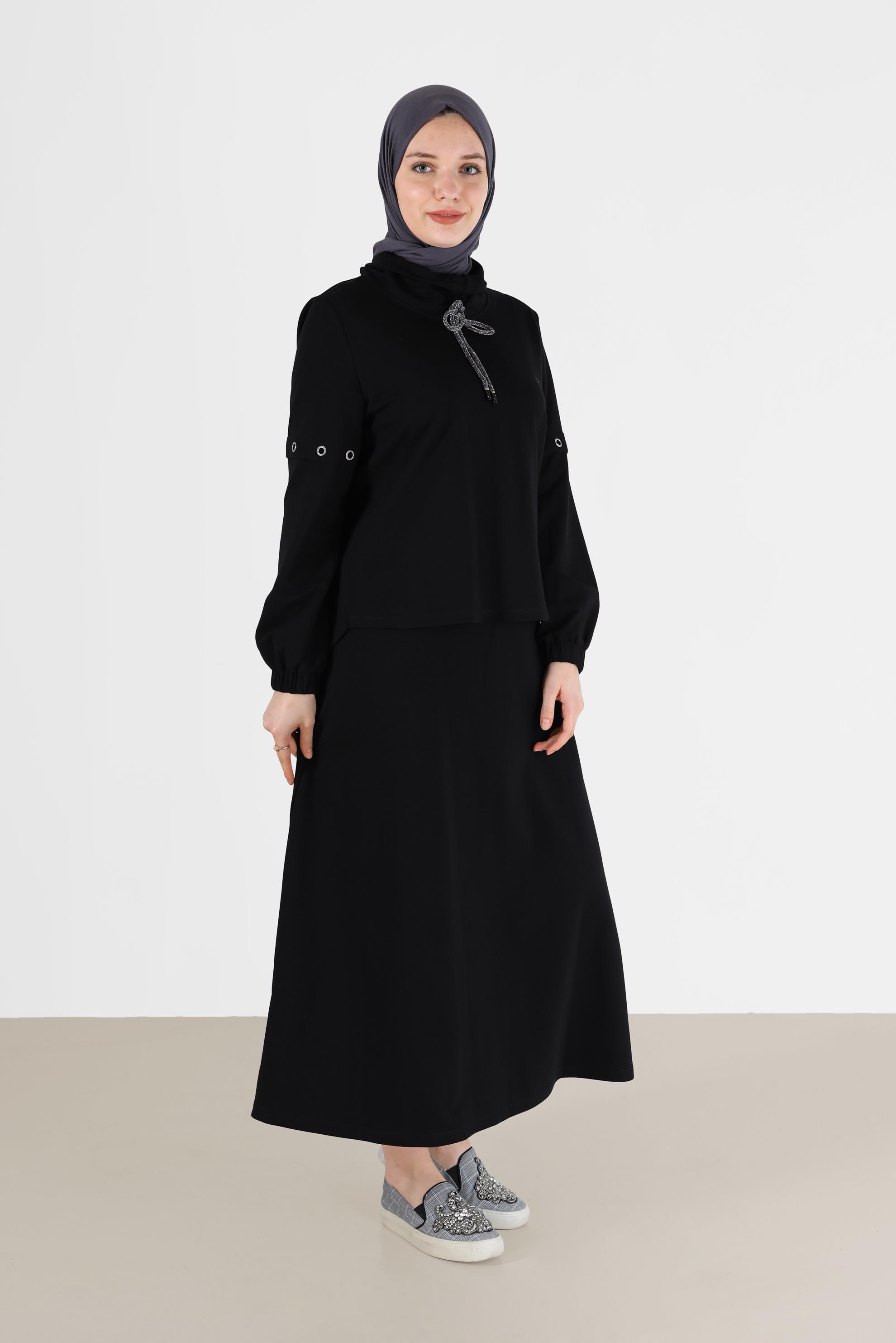 Vêtements hijab NOIR ENSEMBLE DE SURVÊTEMENT JUPE 2 PIÈCES À COL COL CHEMISIER AVEC OEILLETS 42347