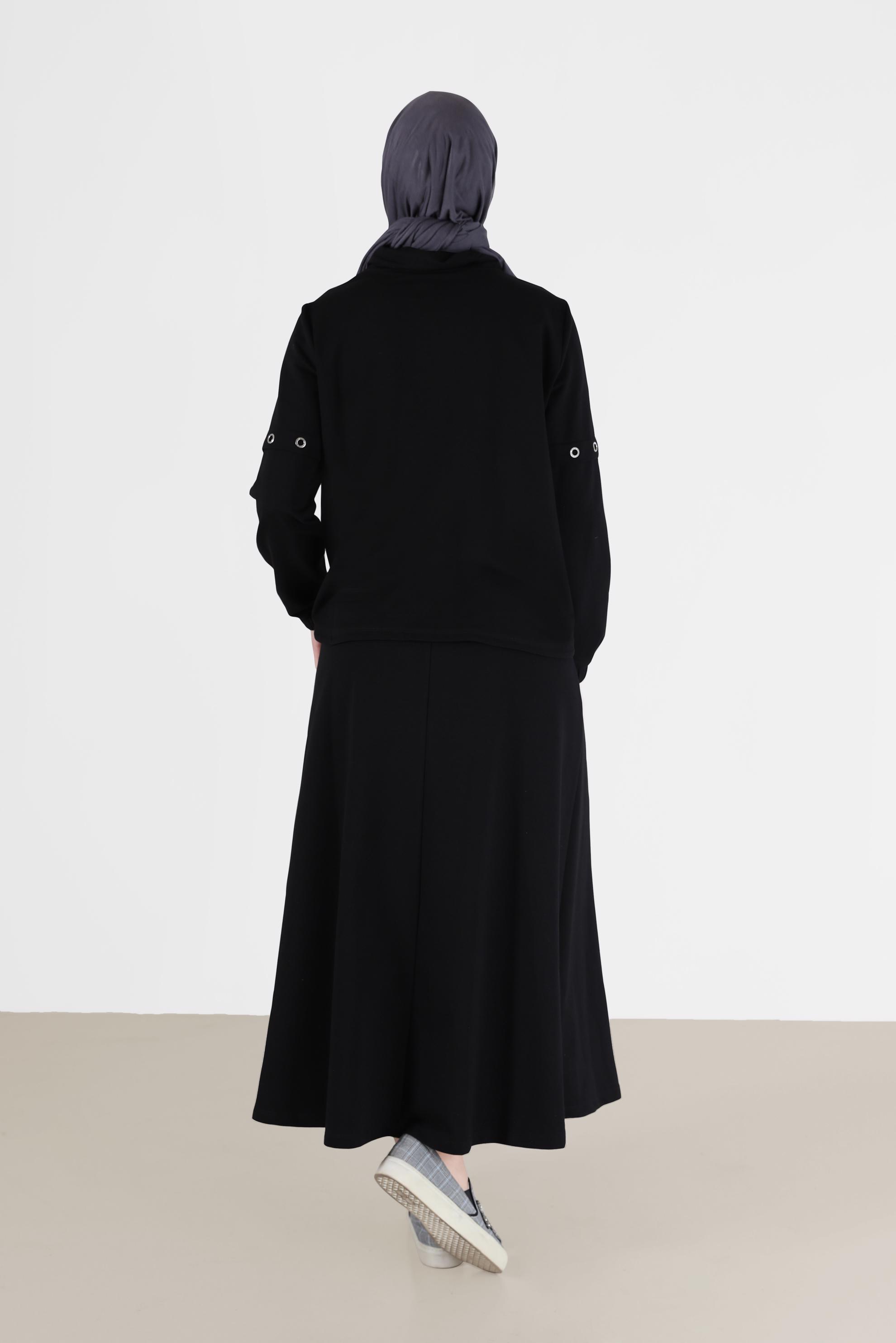 Vêtements hijab NOIR ENSEMBLE DE SURVÊTEMENT JUPE 2 PIÈCES À COL COL CHEMISIER AVEC OEILLETS 42347