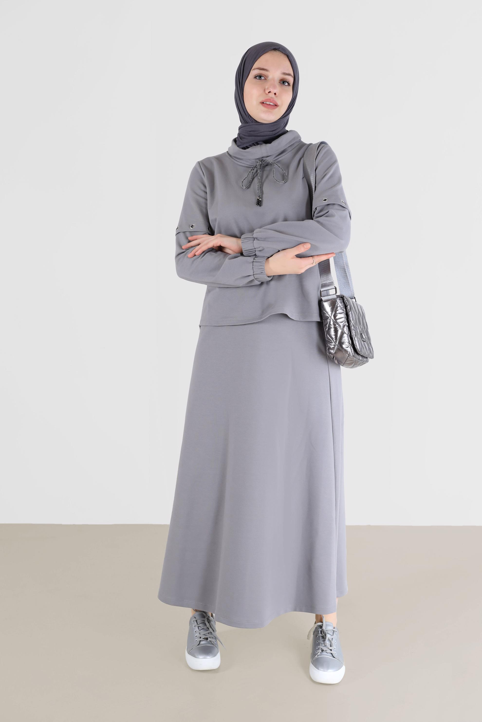 Vêtements hijab GRIS ENSEMBLE DE SURVÊTEMENT JUPE 2 PIÈCES À COL COL CHEMISIER AVEC OEILLETS 42347