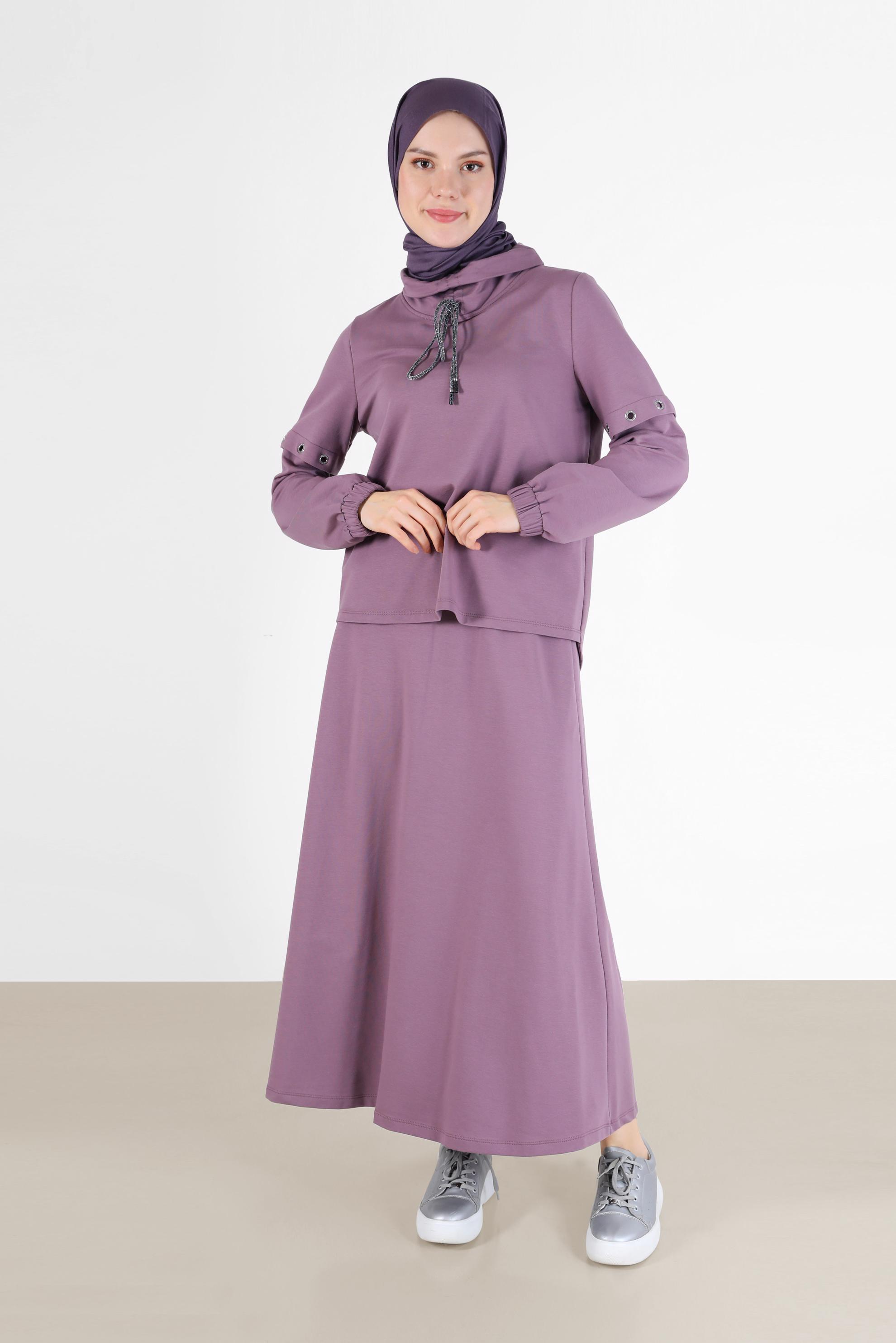 Vêtements hijab POURPRE ENSEMBLE DE SURVÊTEMENT JUPE 2 PIÈCES À COL COL CHEMISIER AVEC OEILLETS 42347