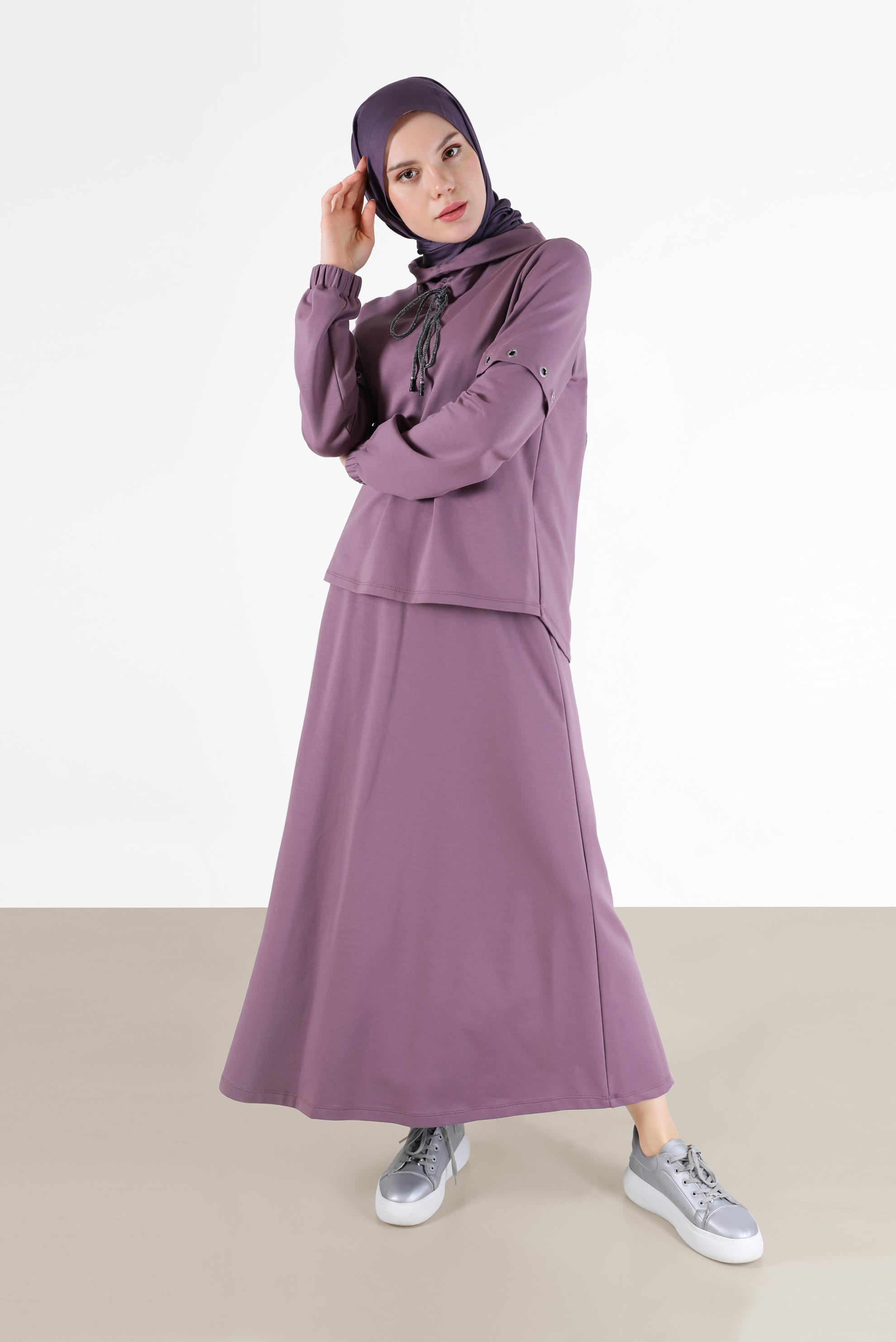 Vêtements hijab POURPRE ENSEMBLE DE SURVÊTEMENT JUPE 2 PIÈCES À COL COL CHEMISIER AVEC OEILLETS 42347