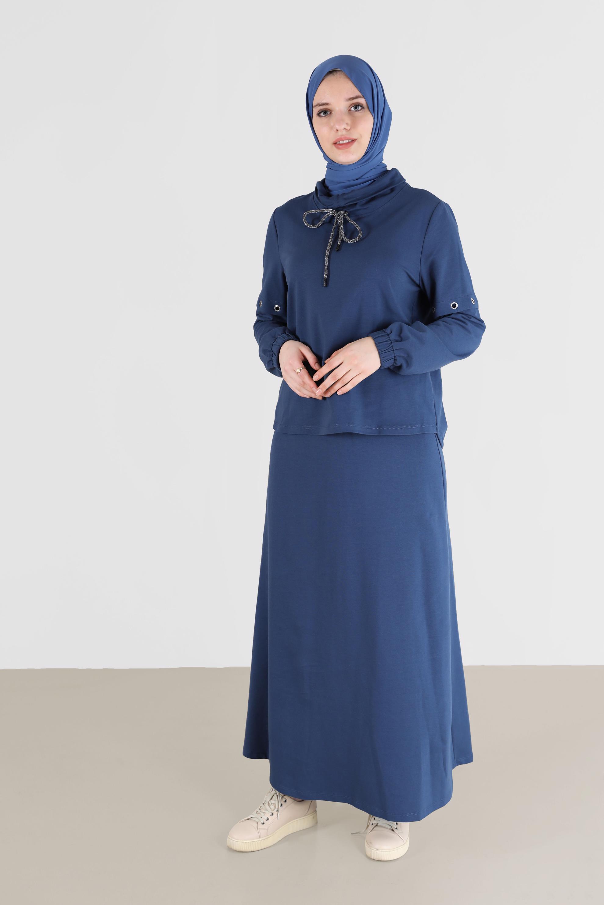 Vêtements hijab BLEU MARINE ENSEMBLE DE SURVÊTEMENT JUPE 2 PIÈCES À COL COL CHEMISIER AVEC OEILLETS 42347