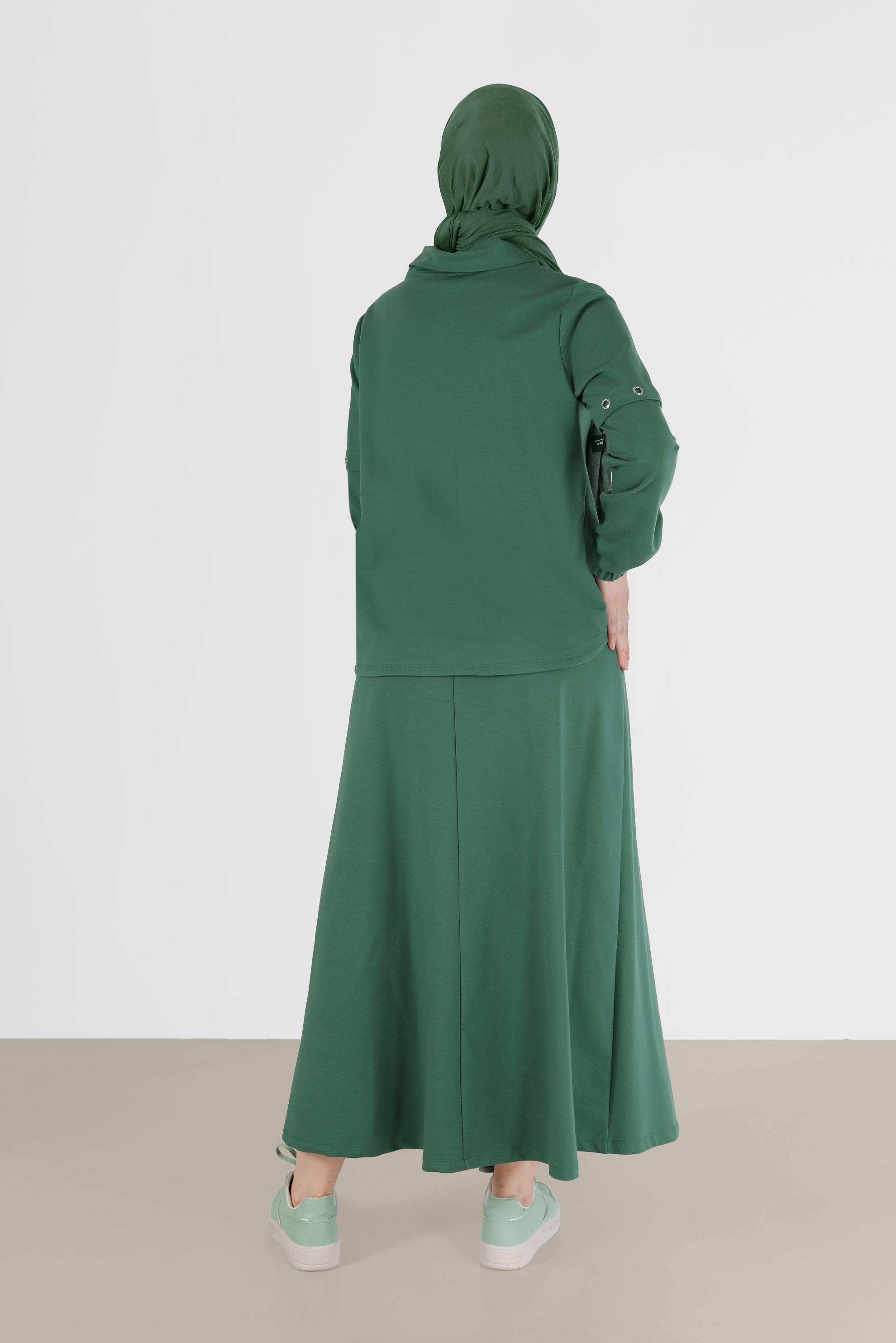 Vêtements hijab VERT ENSEMBLE DE SURVÊTEMENT JUPE 2 PIÈCES À COL COL CHEMISIER AVEC OEILLETS 42347