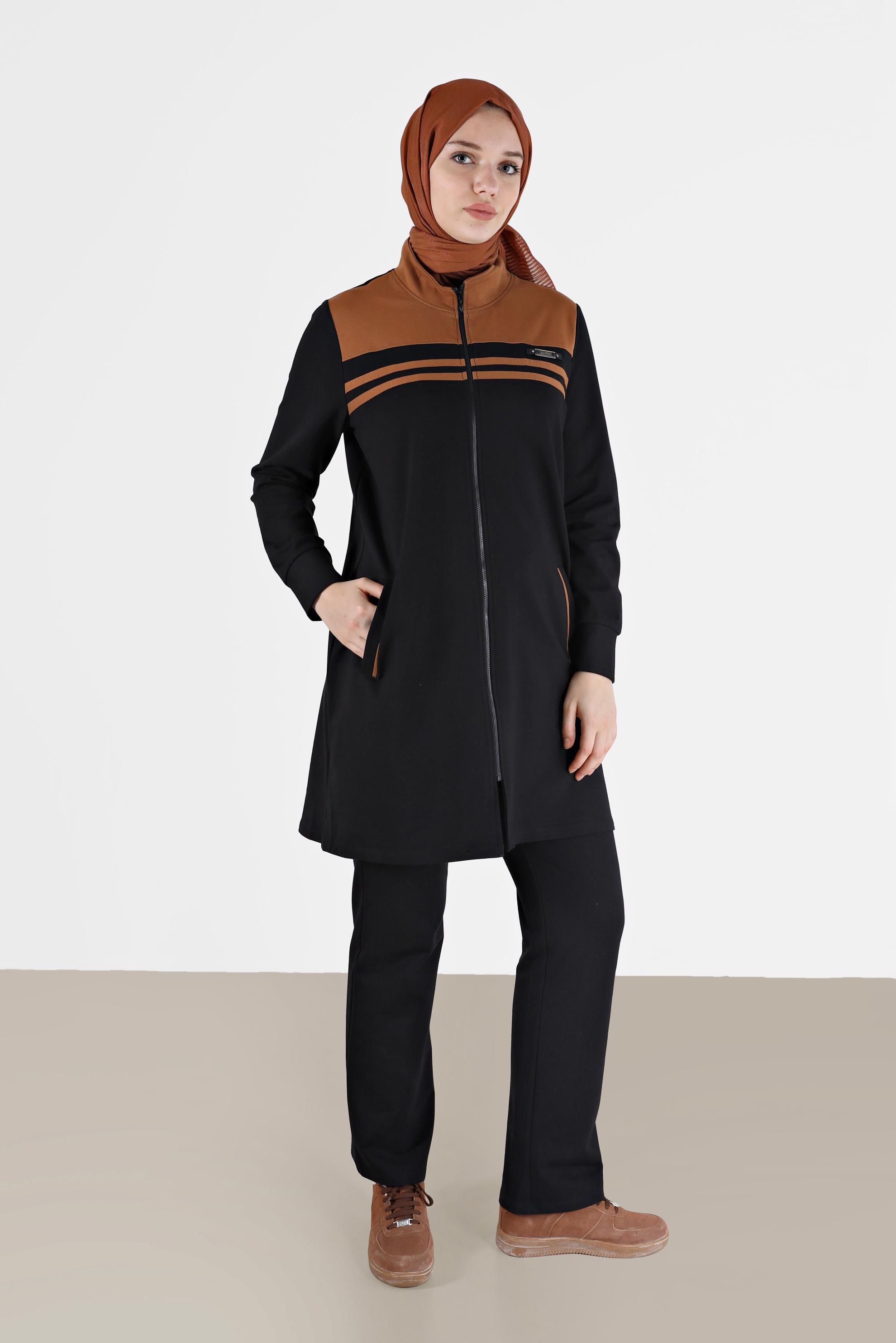 Tesettür giyim SİYAH RENK BLOKLU FERMUARLI 2Lİ PANT. EŞOFMAN TAKIM 42348 