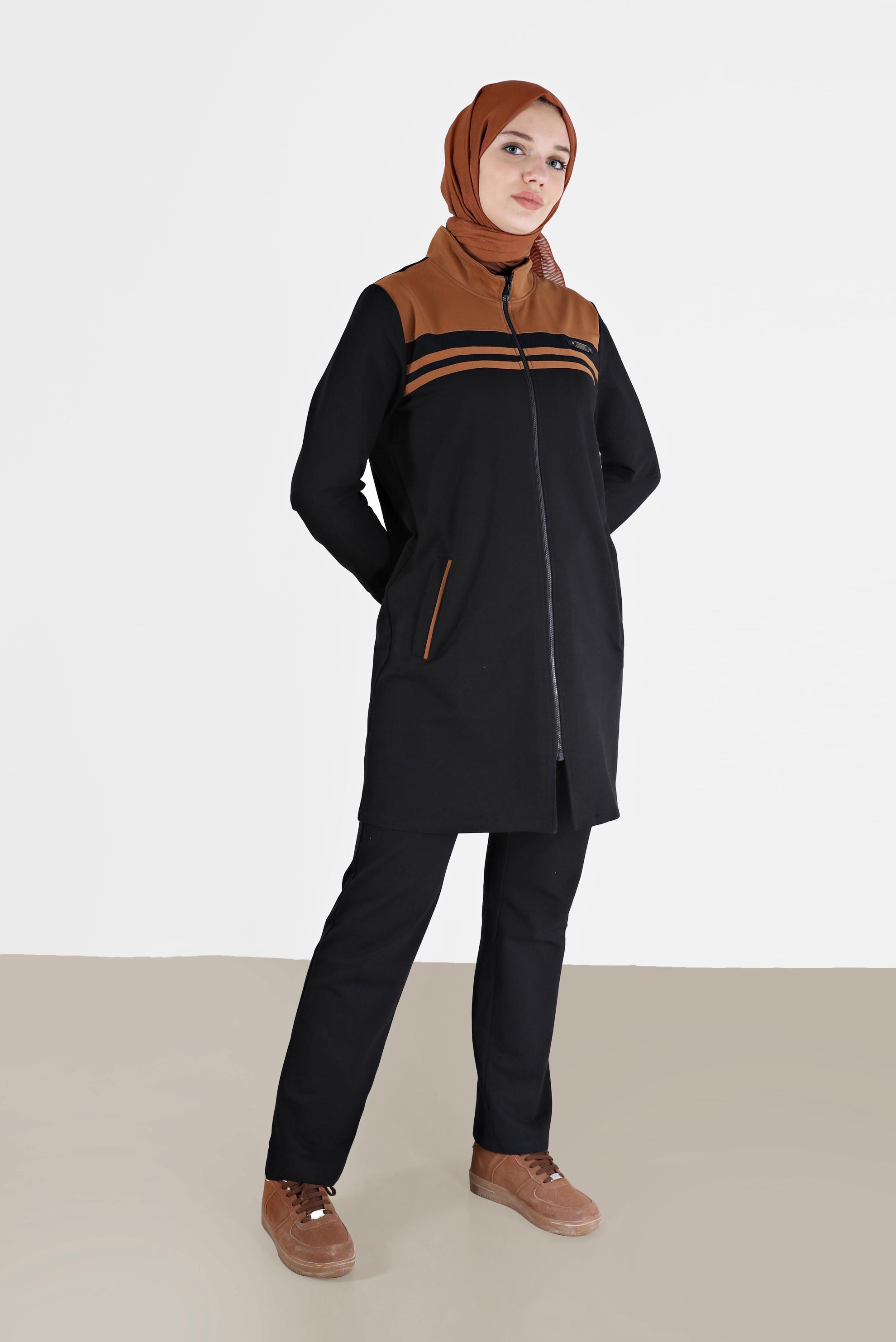 Tesettür giyim SİYAH RENK BLOKLU FERMUARLI 2Lİ PANT. EŞOFMAN TAKIM 42348 