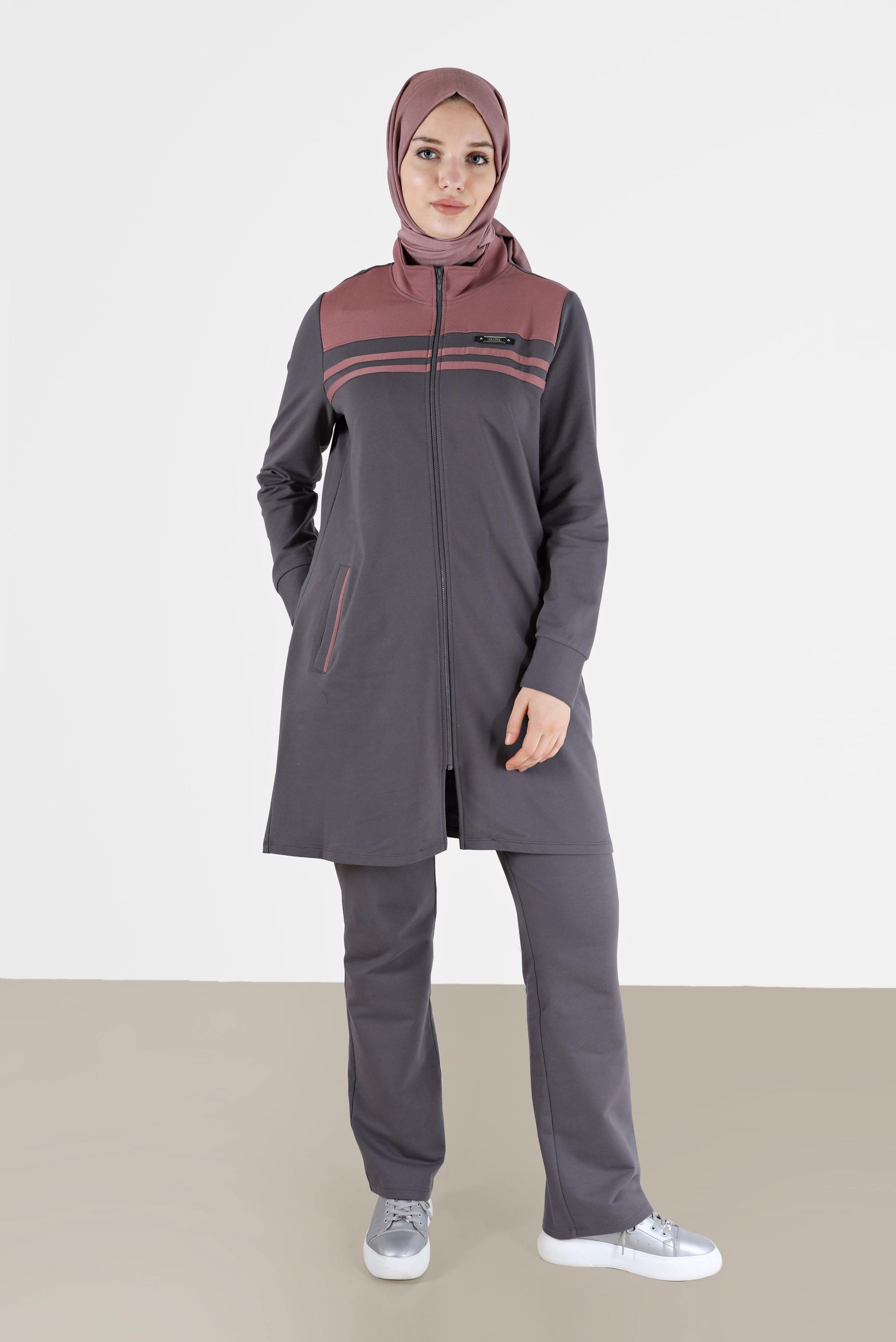Tesettür giyim GRİ RENK BLOKLU FERMUARLI 2Lİ PANT. EŞOFMAN TAKIM 42348 