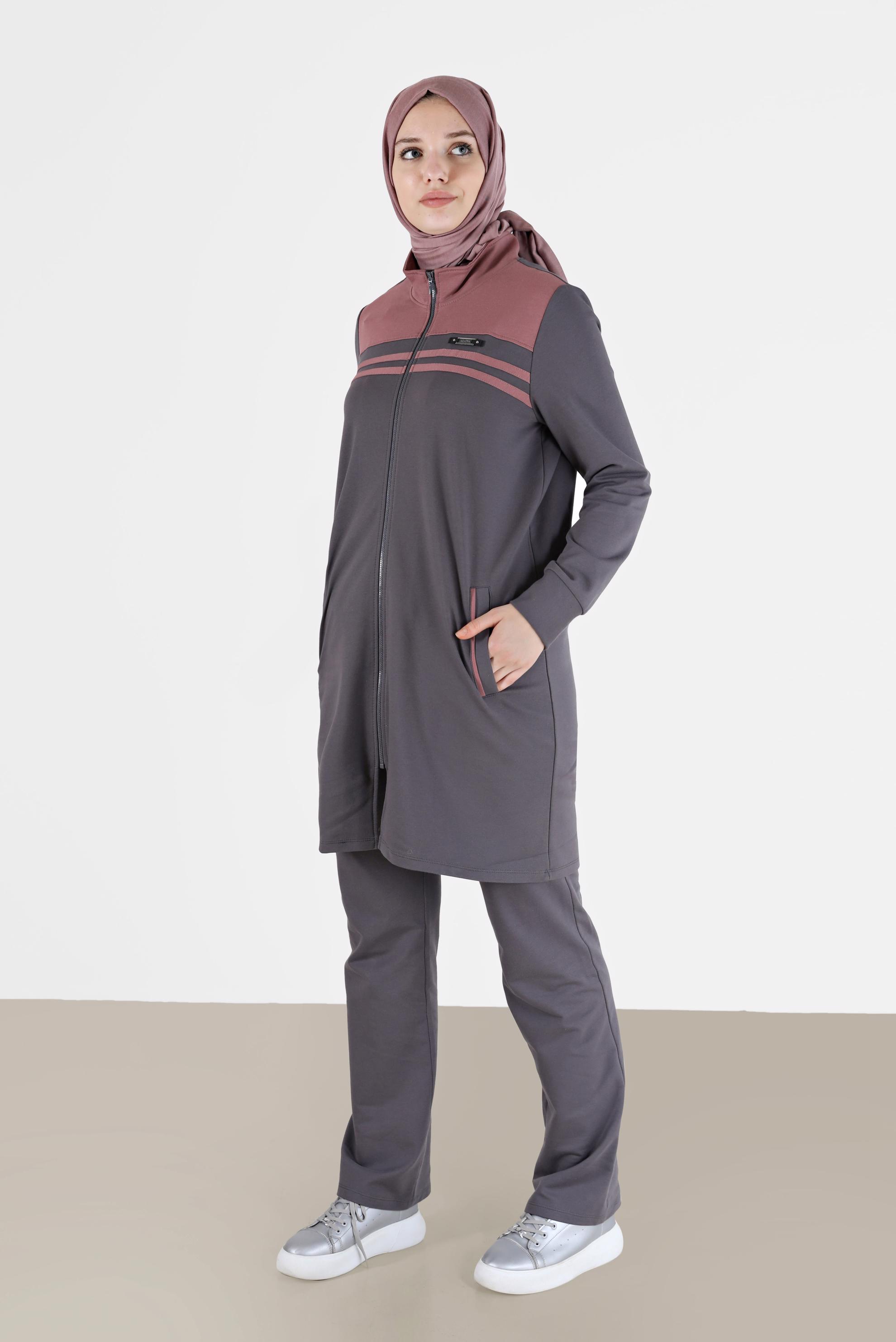 Tesettür giyim GRİ RENK BLOKLU FERMUARLI 2Lİ PANT. EŞOFMAN TAKIM 42348 