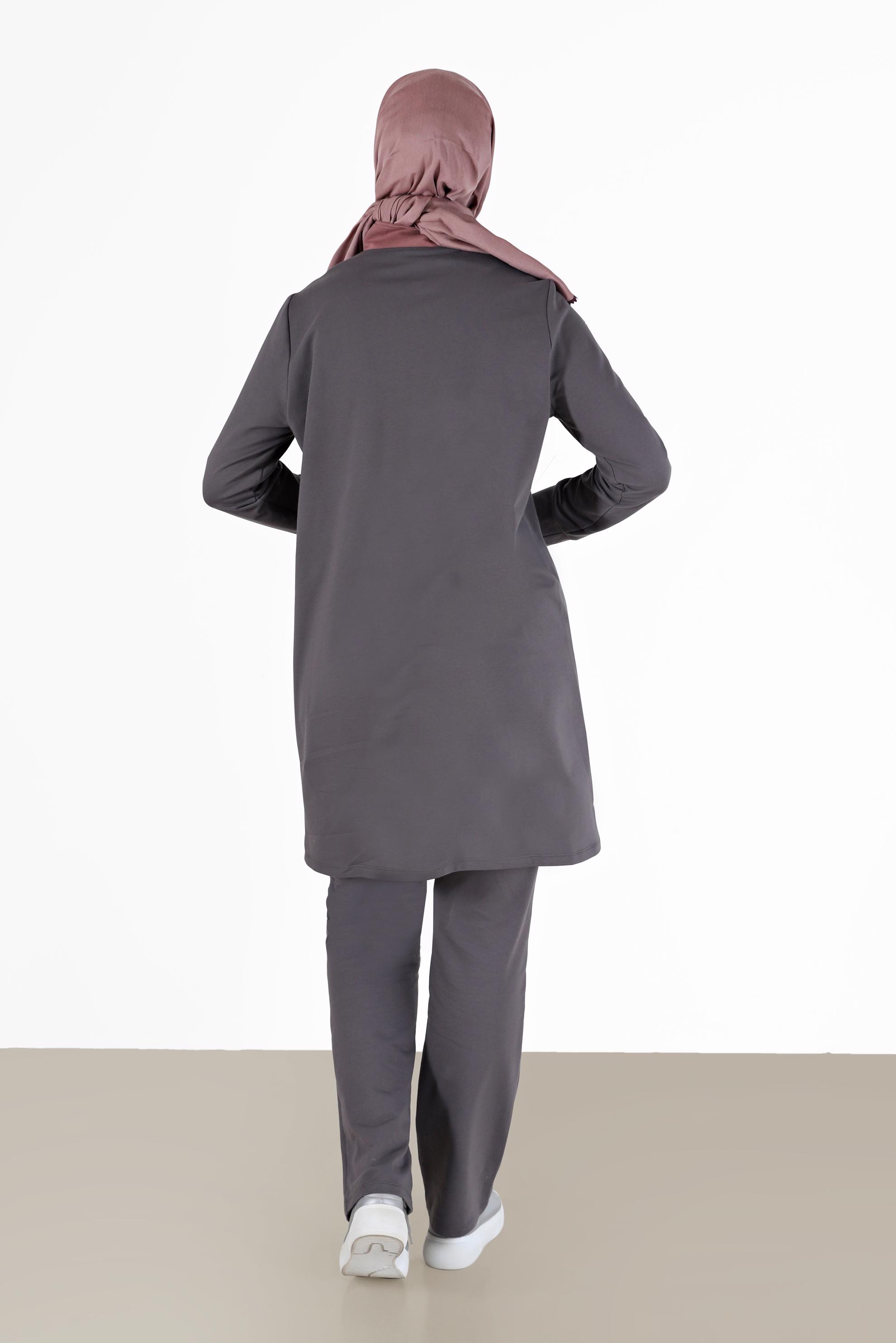Tesettür giyim GRİ RENK BLOKLU FERMUARLI 2Lİ PANT. EŞOFMAN TAKIM 42348 