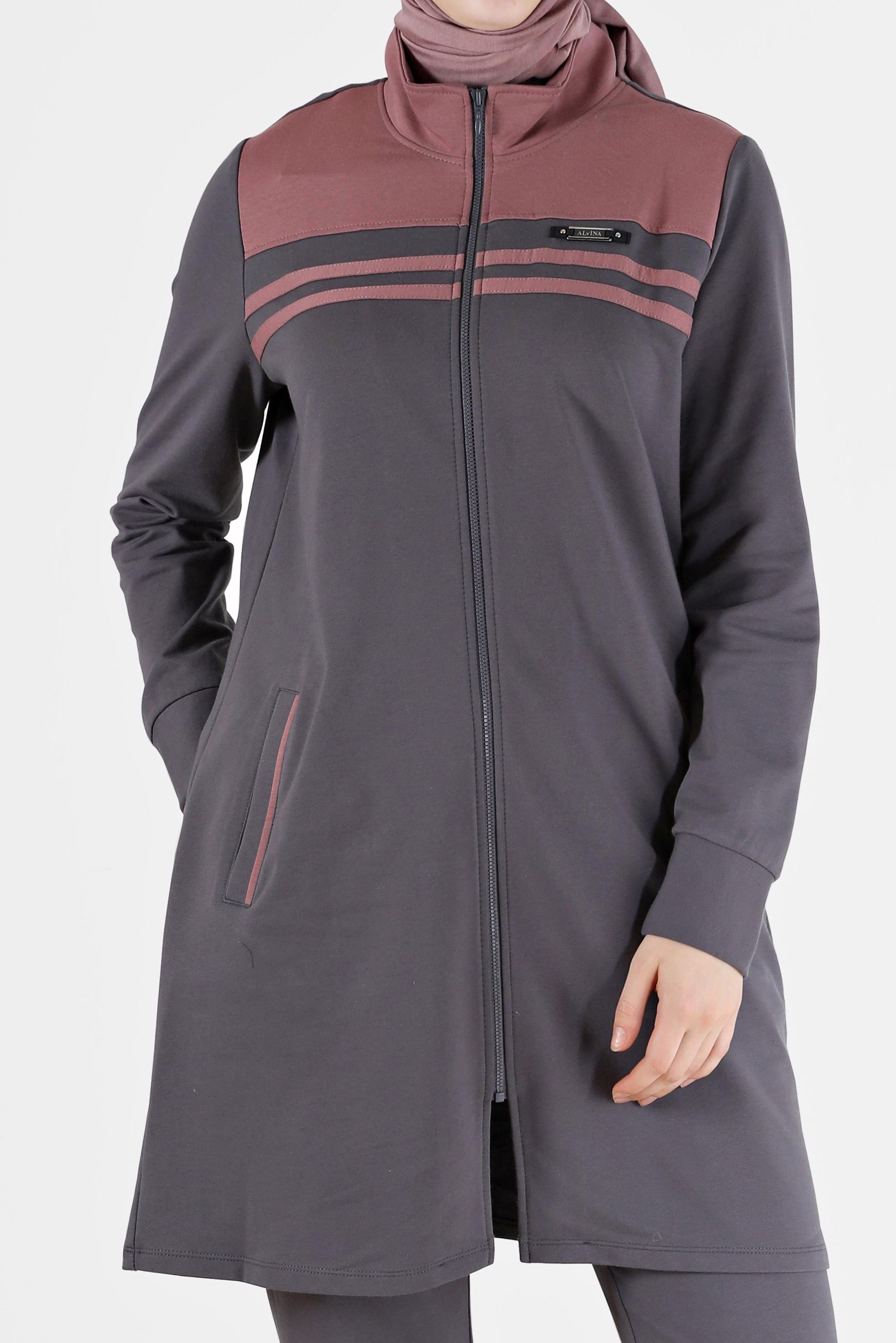 Tesettür giyim GRİ RENK BLOKLU FERMUARLI 2Lİ PANT. EŞOFMAN TAKIM 42348 