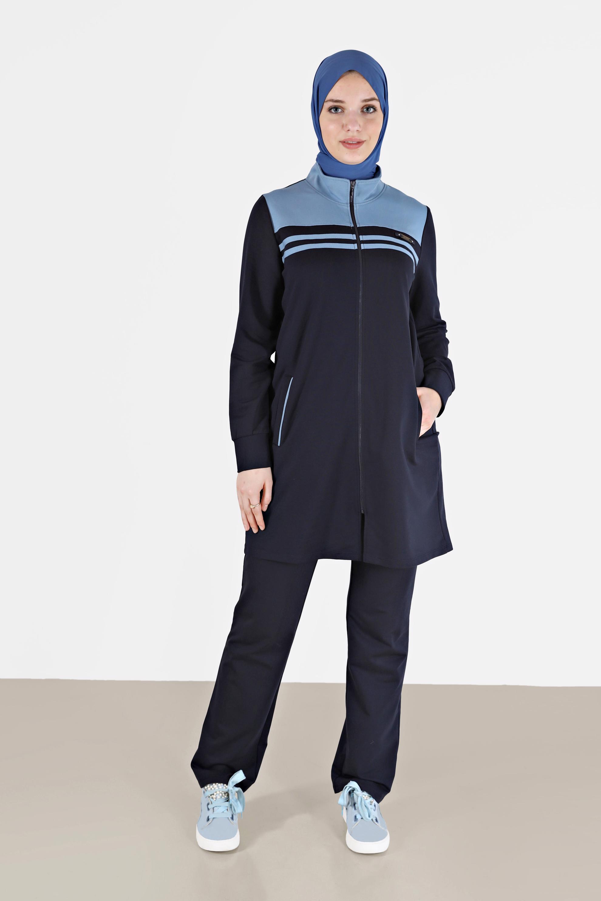 Tesettür giyim LACİVERT RENK BLOKLU FERMUARLI 2Lİ PANT. EŞOFMAN TAKIM 42348 