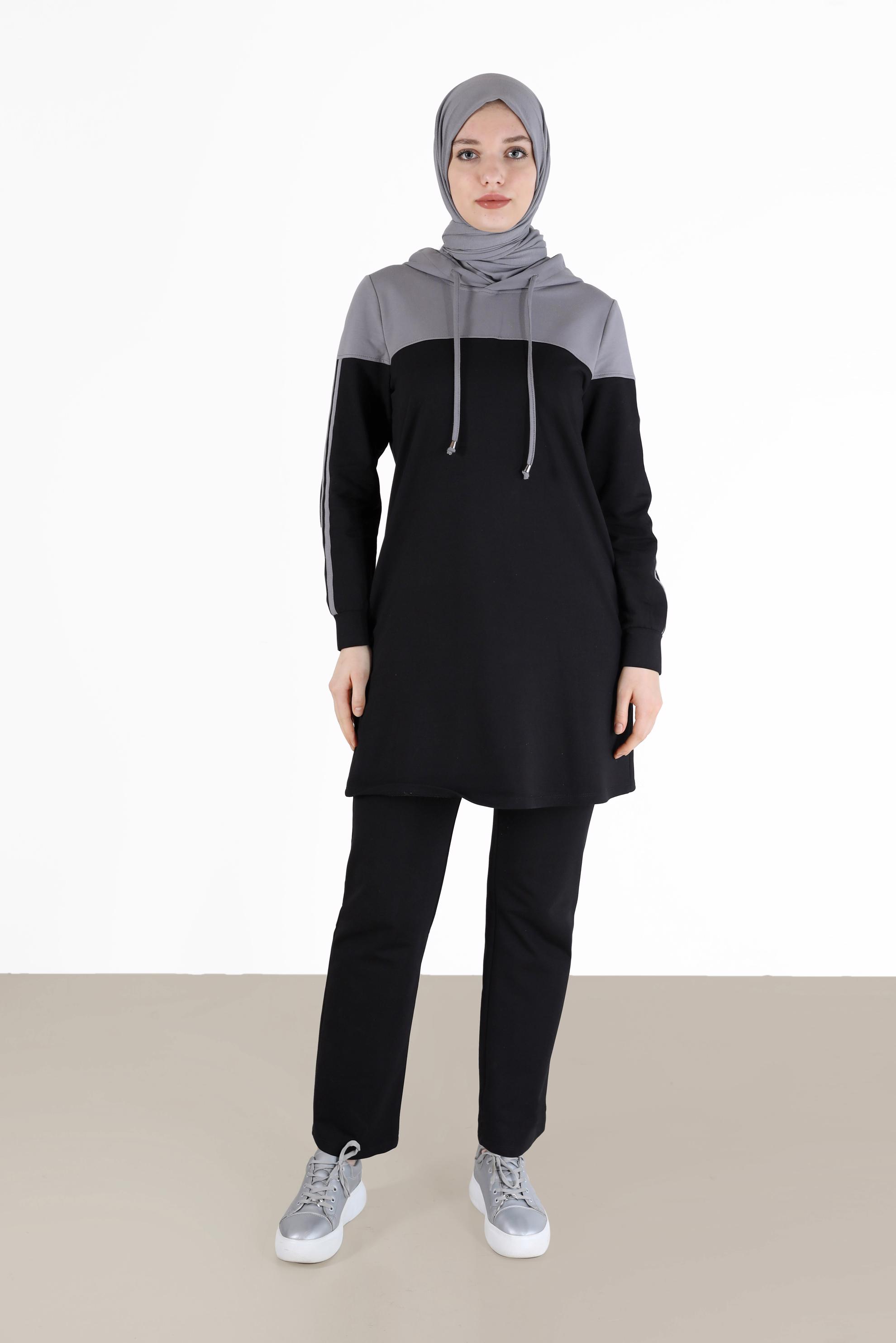 Vêtements hijab NOIR ENSEMBLE DE SURVÊTEMENT À CAPUCHE 2 COULEURS AVEC PANTALON 42349