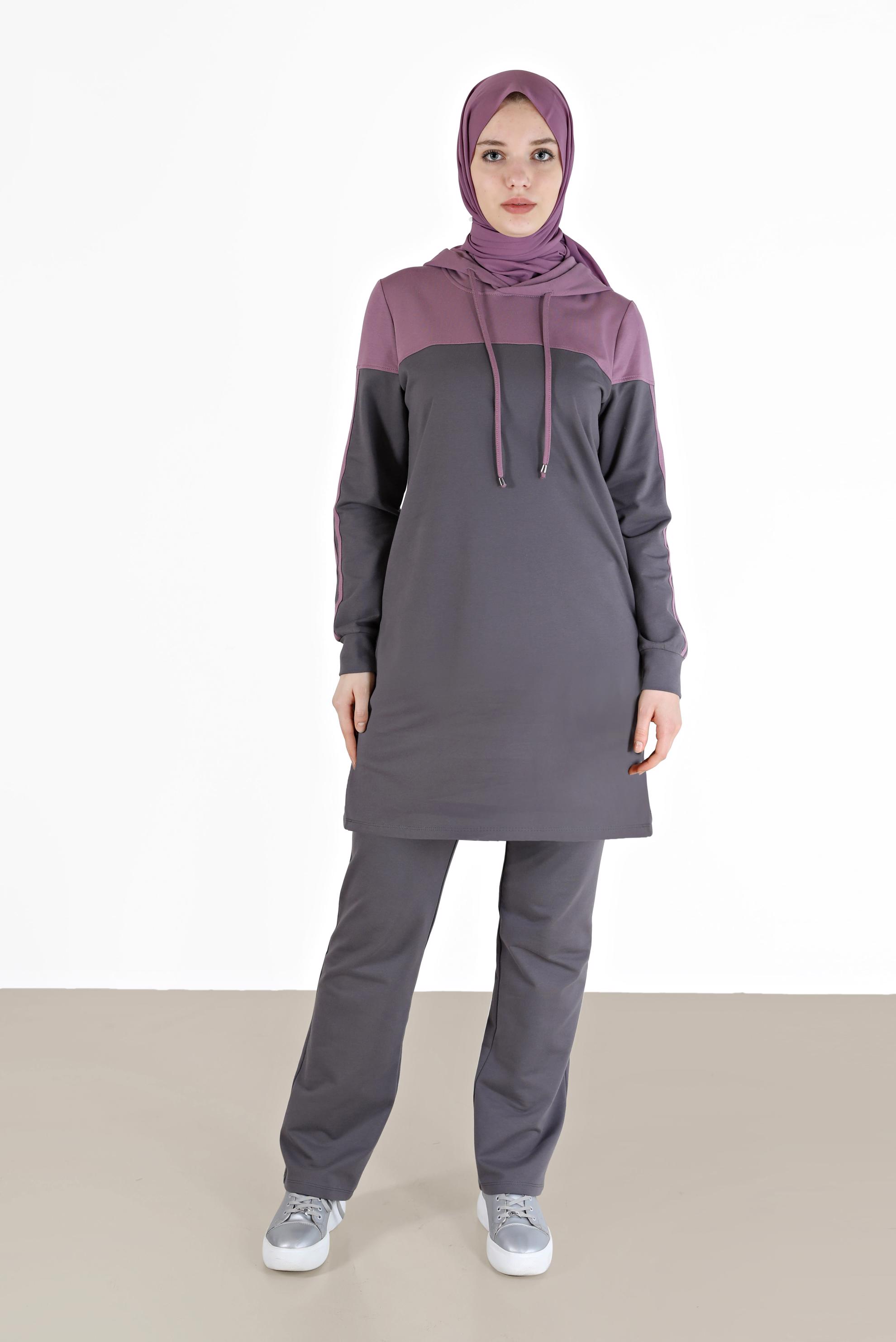 Tesettür giyim GRİ RENK BLOKLU KAPÜŞONLU İKİLİ PANT. EŞOFMAN TAKIMI 42349  
