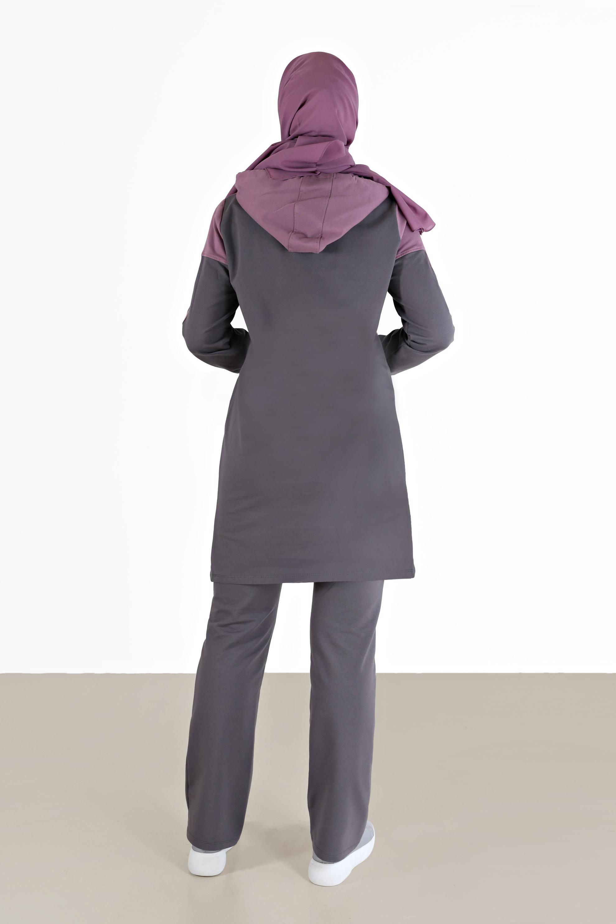 Tesettür giyim GRİ RENK BLOKLU KAPÜŞONLU İKİLİ PANT. EŞOFMAN TAKIMI 42349  