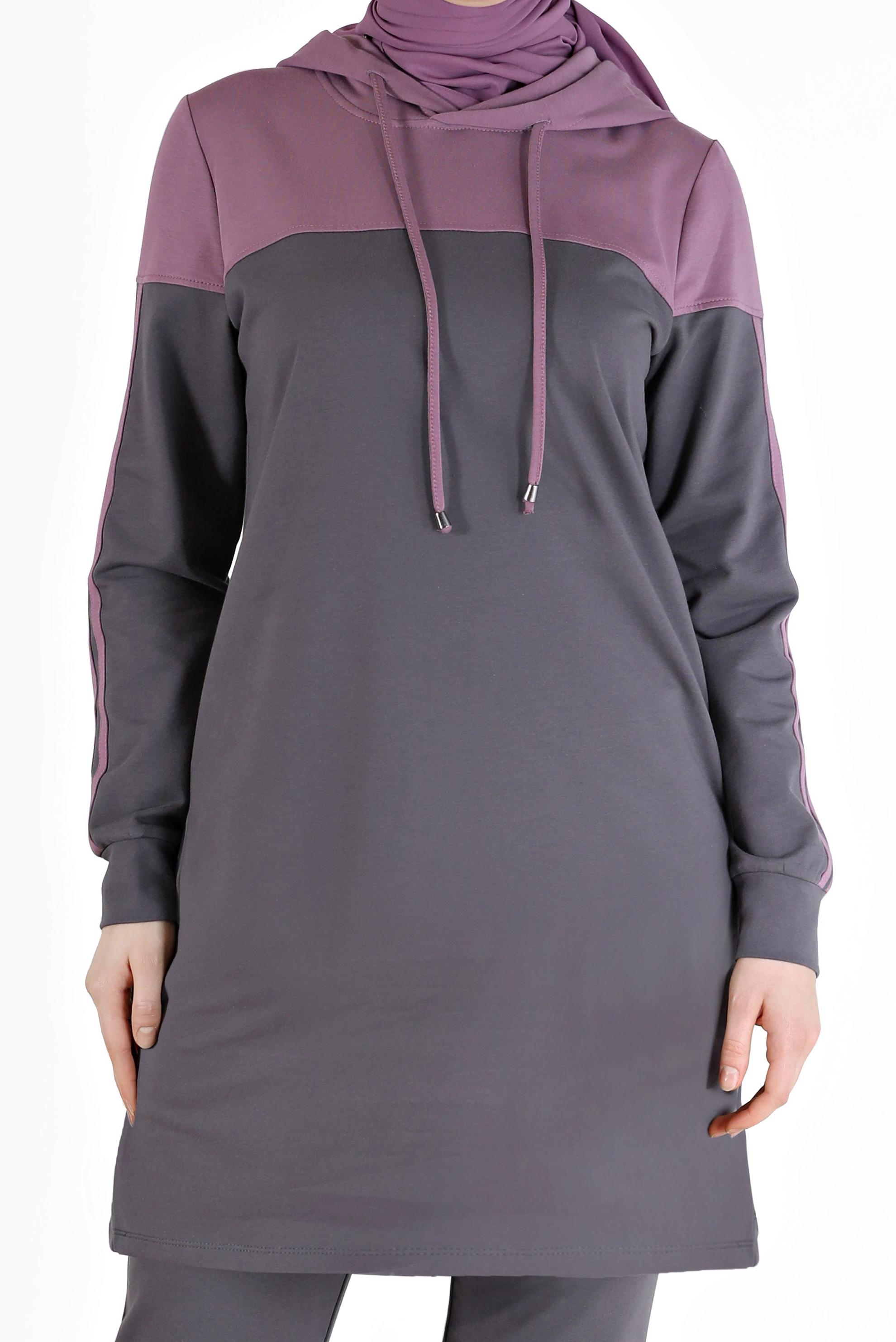 Tesettür giyim GRİ RENK BLOKLU KAPÜŞONLU İKİLİ PANT. EŞOFMAN TAKIMI 42349  