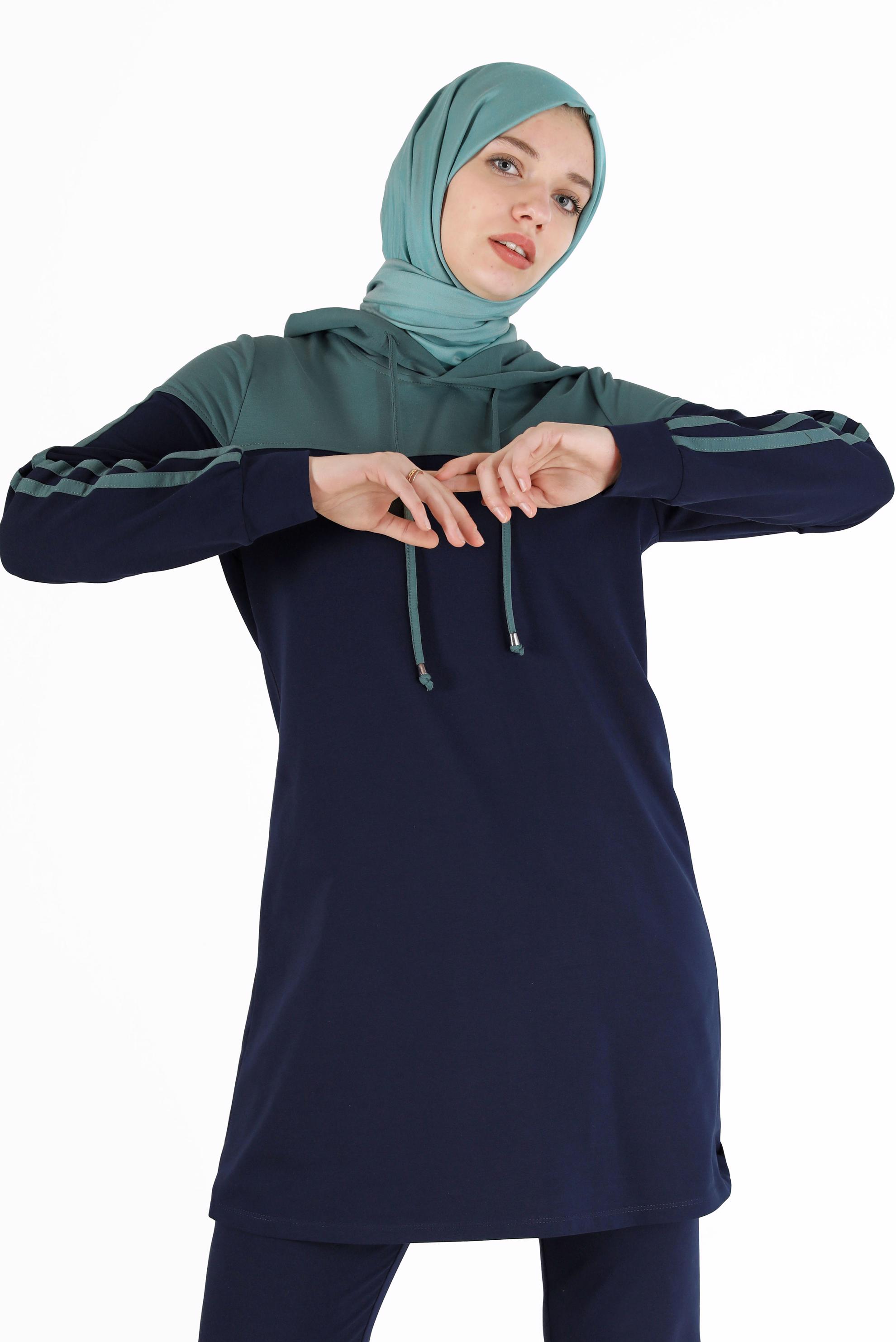 Tesettür giyim LACİVERT RENK BLOKLU KAPÜŞONLU İKİLİ PANT. EŞOFMAN TAKIMI 42349  