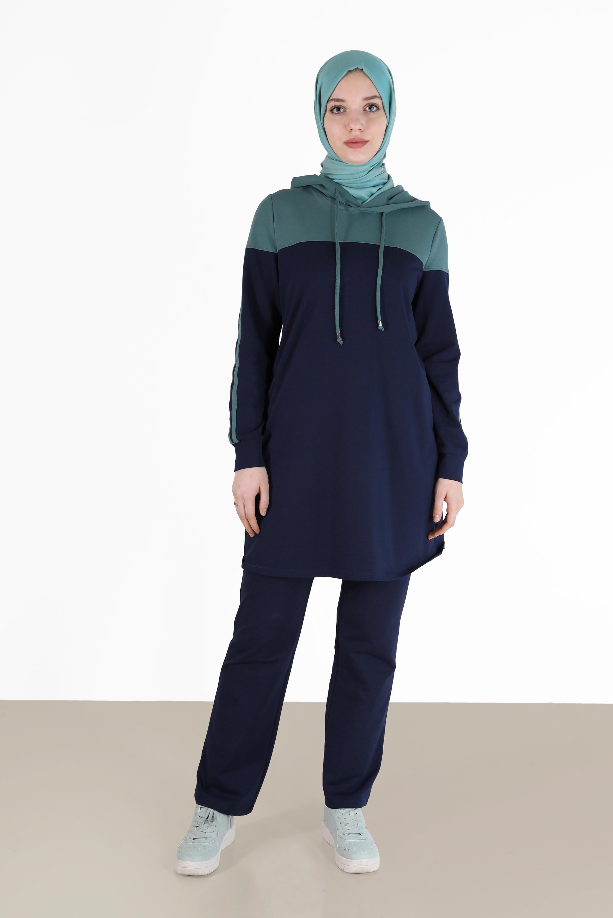 Tesettür giyim LACİVERT RENK BLOKLU KAPÜŞONLU İKİLİ PANT. EŞOFMAN TAKIMI 42349  