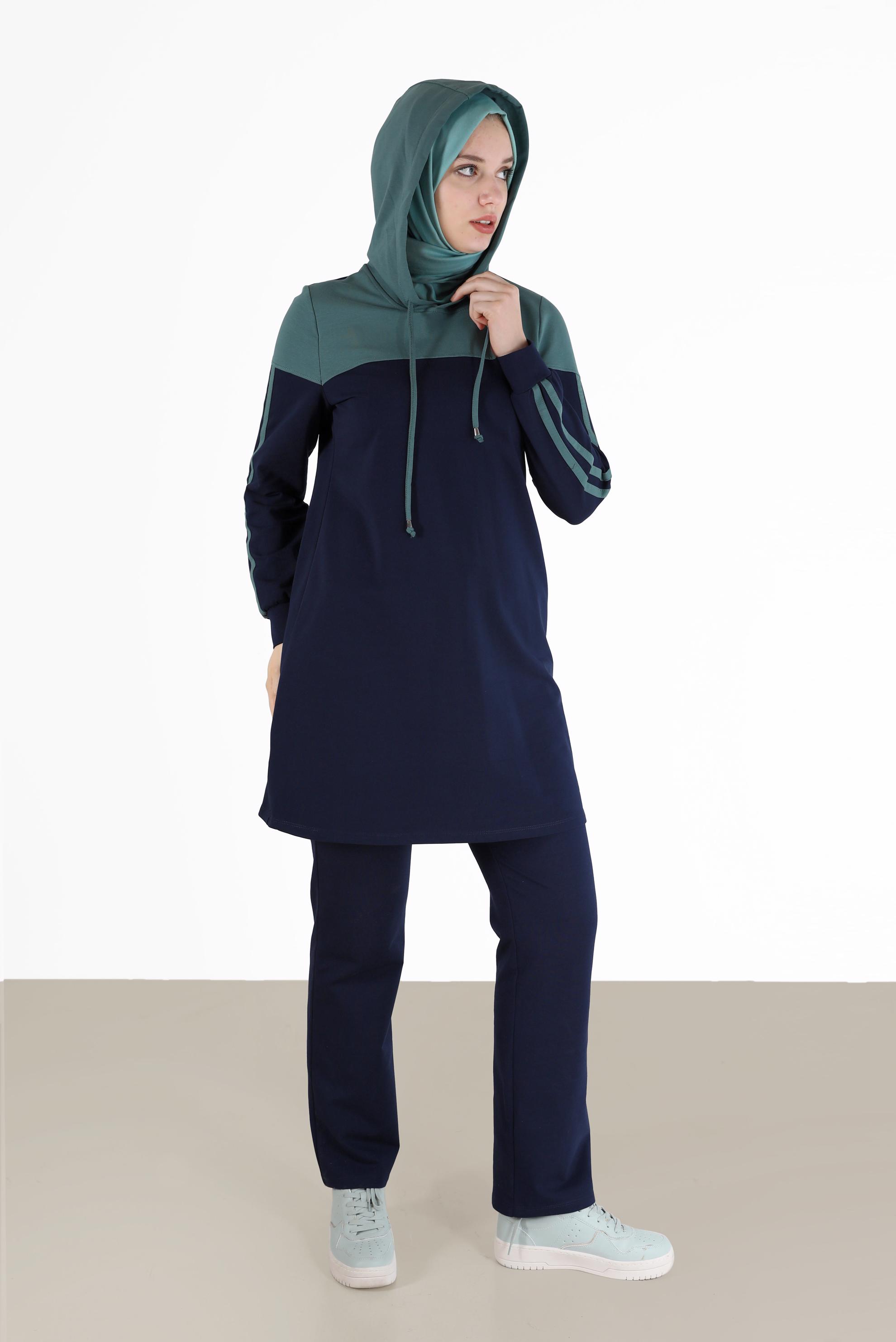 Tesettür giyim LACİVERT RENK BLOKLU KAPÜŞONLU İKİLİ PANT. EŞOFMAN TAKIMI 42349  