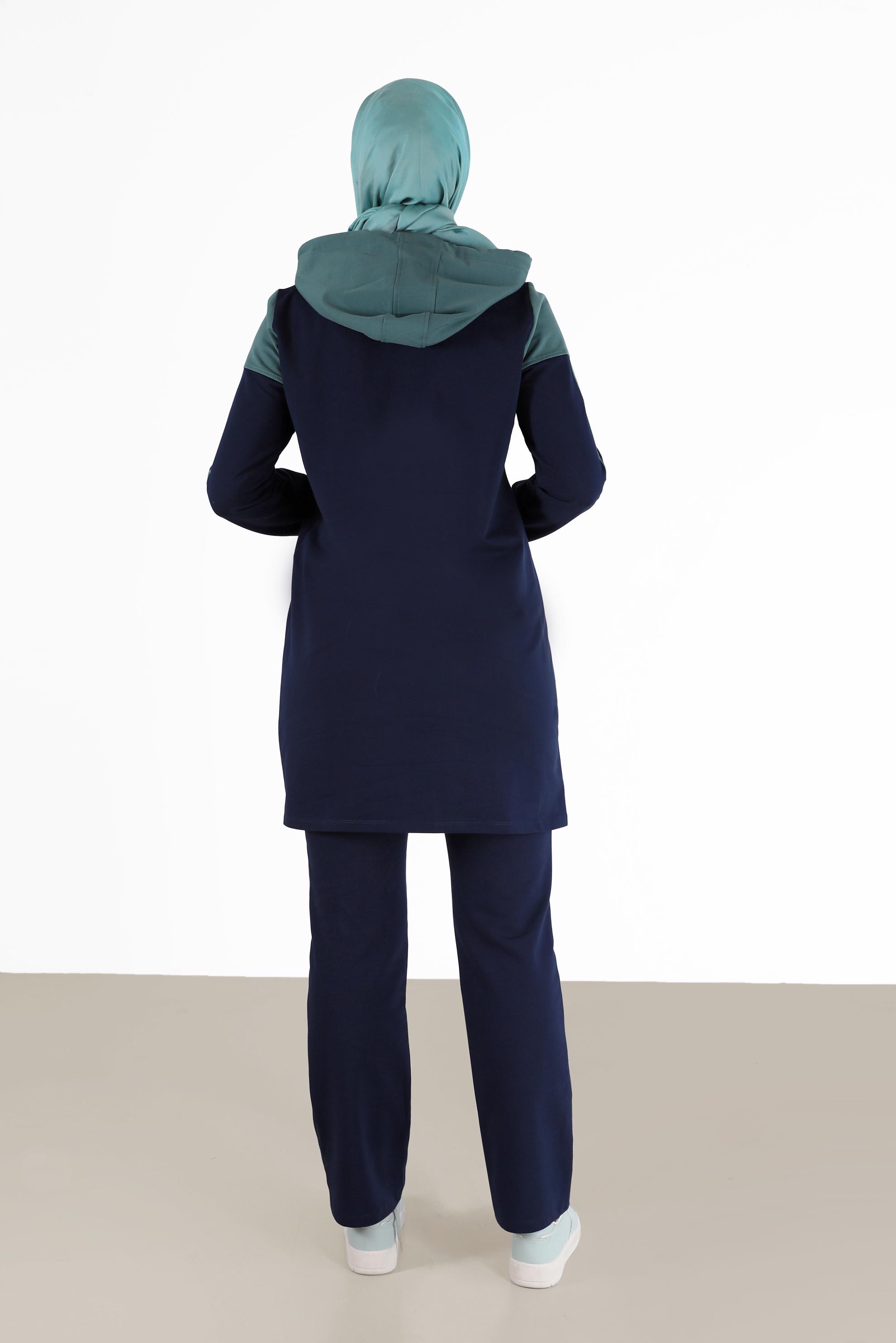 Tesettür giyim LACİVERT RENK BLOKLU KAPÜŞONLU İKİLİ PANT. EŞOFMAN TAKIMI 42349  