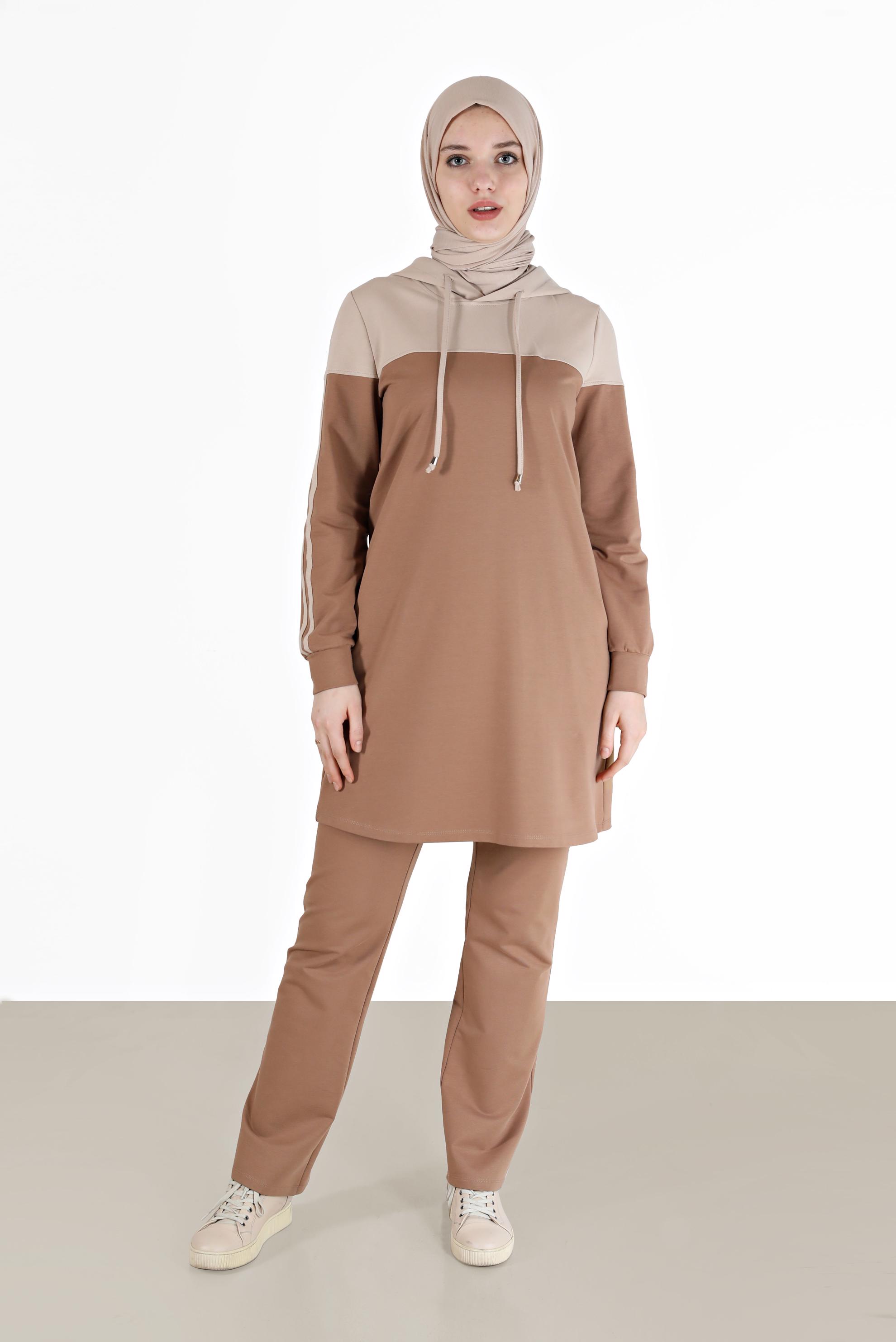 Tesettür giyim KAHVE RENK BLOKLU KAPÜŞONLU İKİLİ PANT. EŞOFMAN TAKIMI 42349  