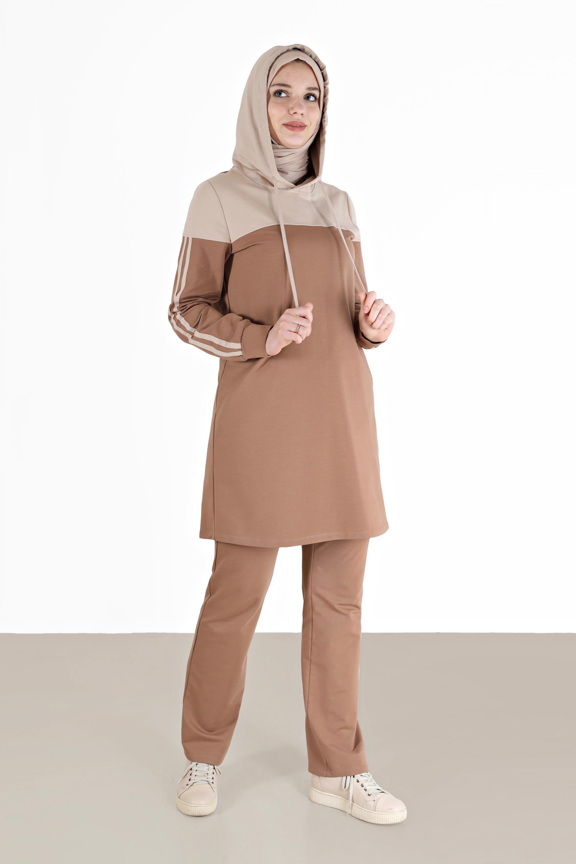Tesettür giyim KAHVE RENK BLOKLU KAPÜŞONLU İKİLİ PANT. EŞOFMAN TAKIMI 42349  