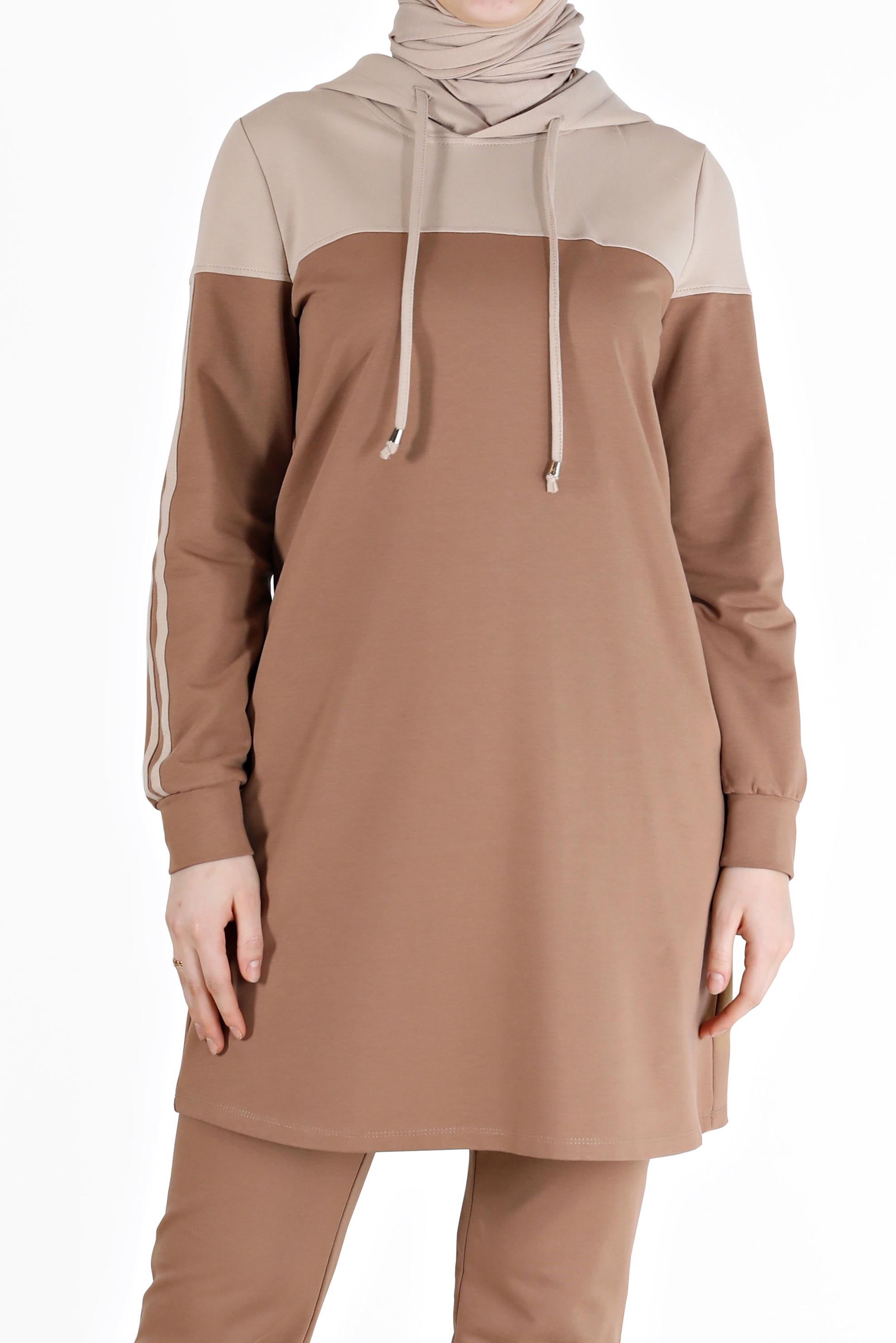Tesettür giyim KAHVE RENK BLOKLU KAPÜŞONLU İKİLİ PANT. EŞOFMAN TAKIMI 42349  