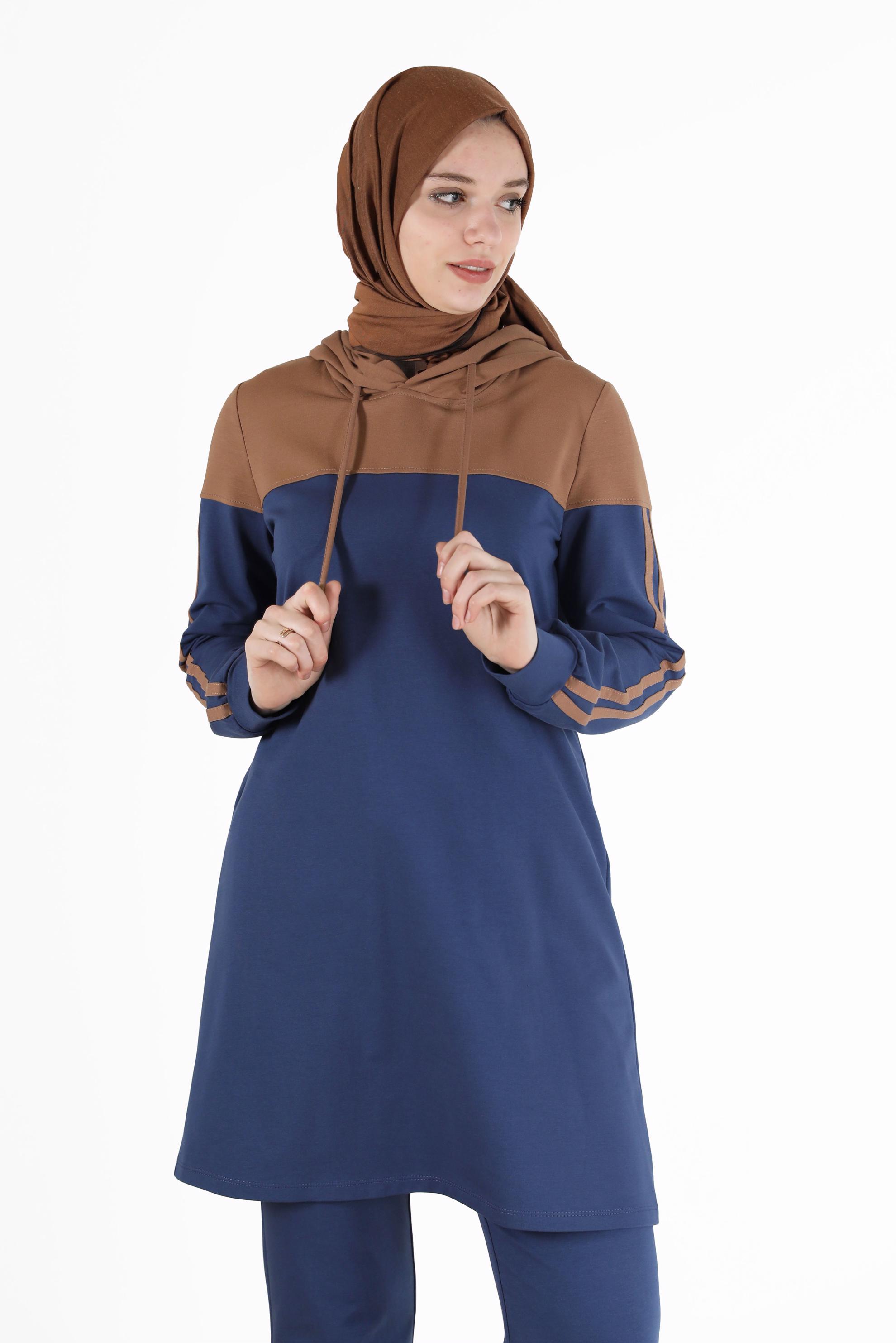 Tesettür giyim LACİVERT RENK BLOKLU KAPÜŞONLU İKİLİ PANT. EŞOFMAN TAKIMI 42349  