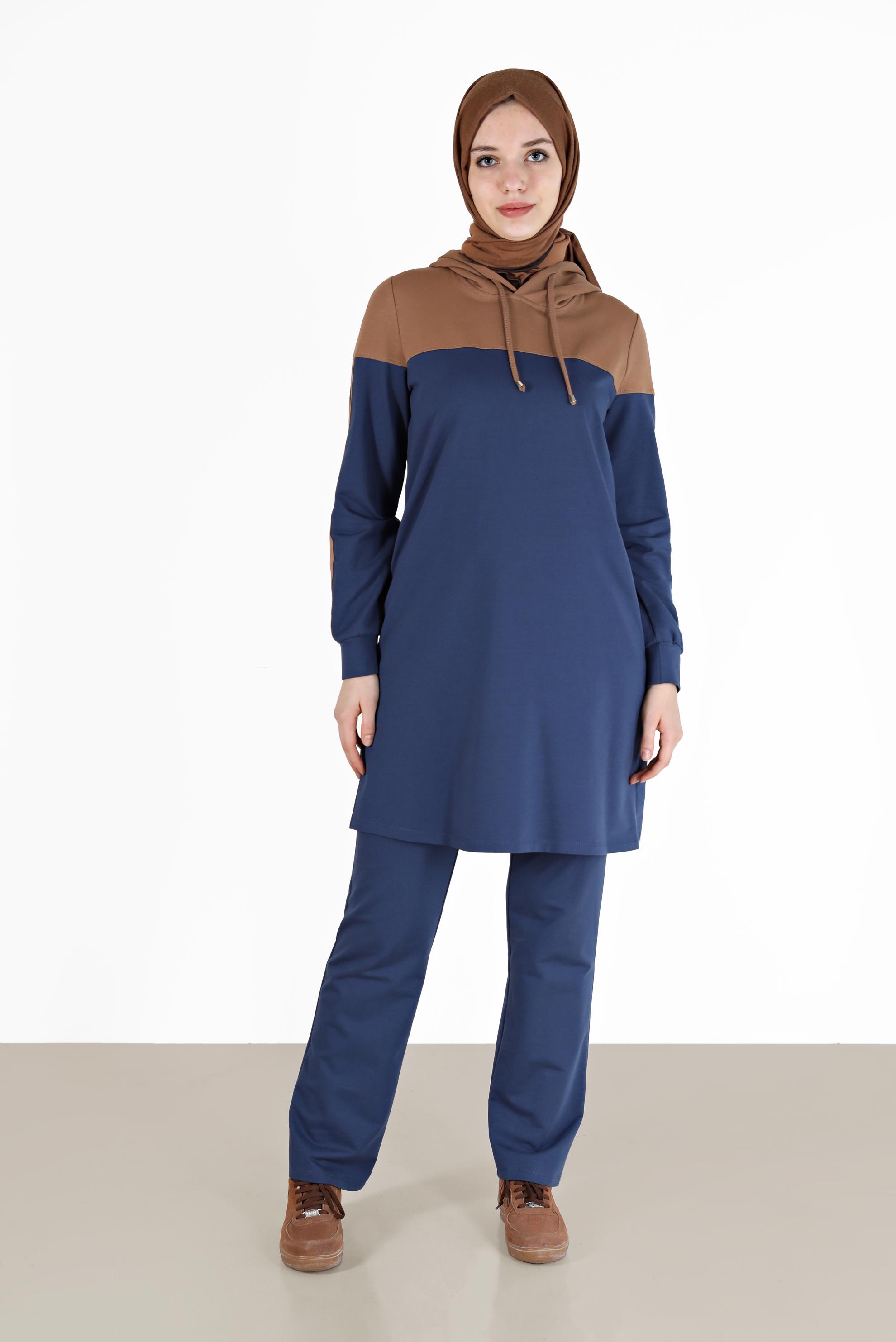 Tesettür giyim LACİVERT RENK BLOKLU KAPÜŞONLU İKİLİ PANT. EŞOFMAN TAKIMI 42349  