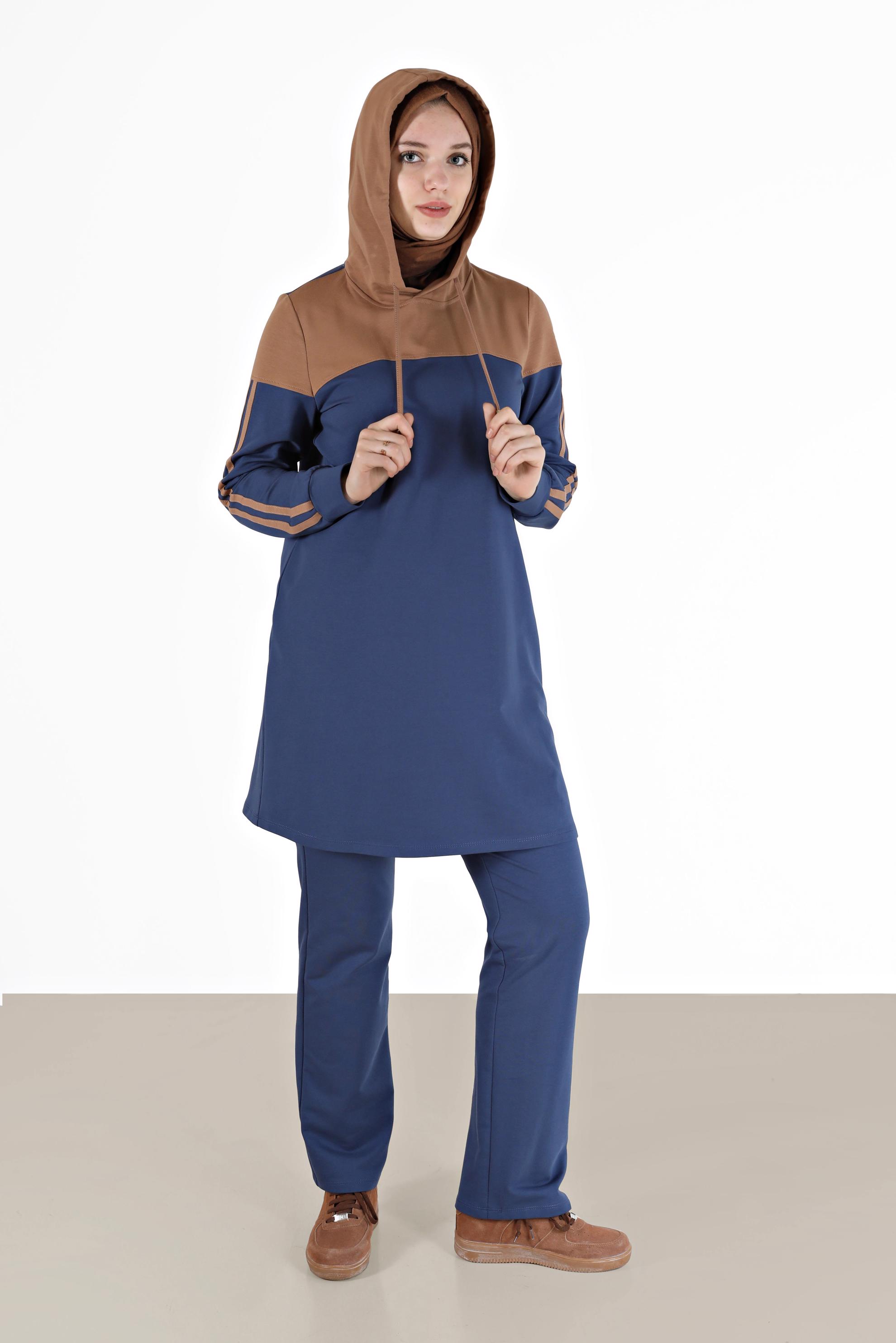 Tesettür giyim LACİVERT RENK BLOKLU KAPÜŞONLU İKİLİ PANT. EŞOFMAN TAKIMI 42349  