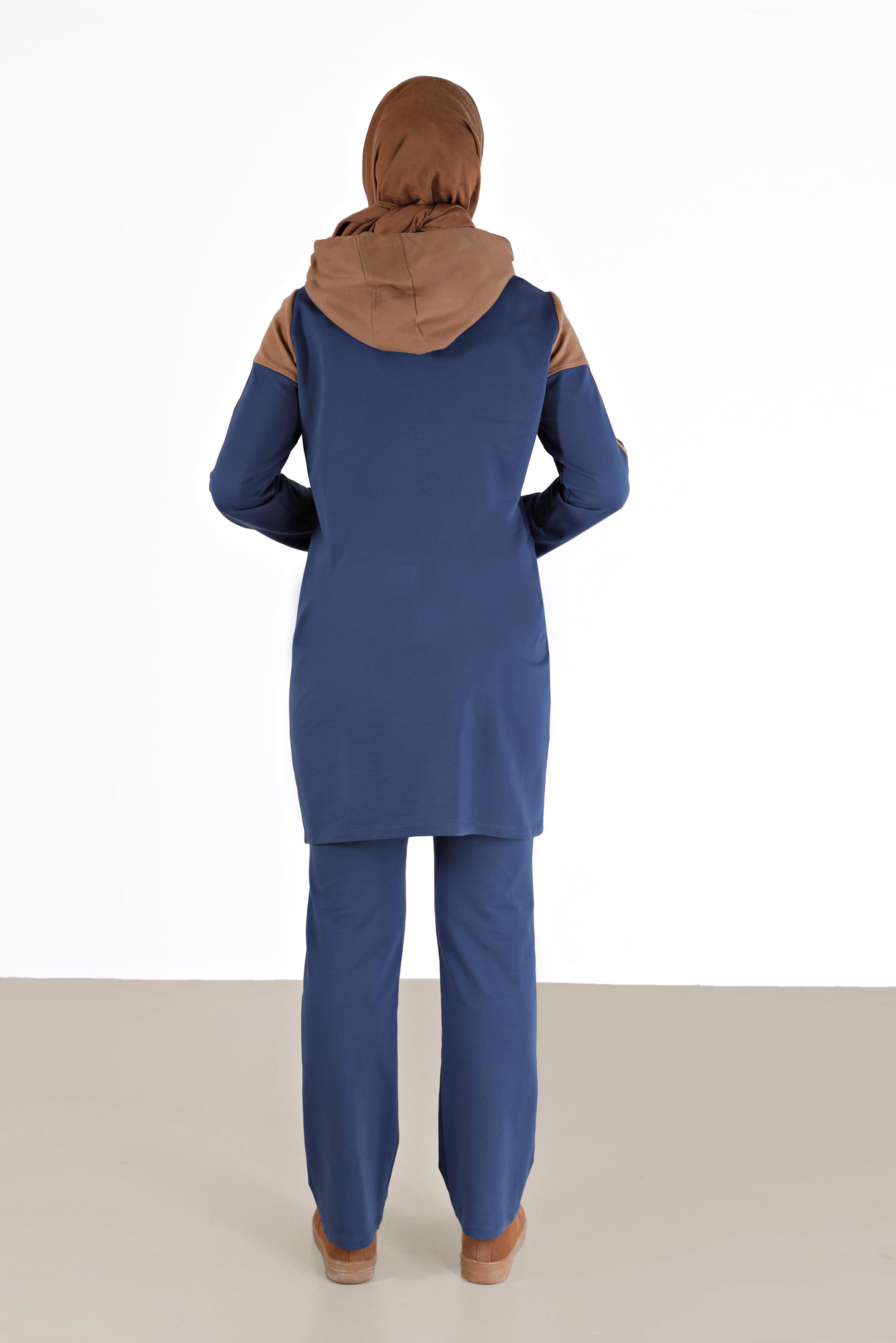 Tesettür giyim LACİVERT RENK BLOKLU KAPÜŞONLU İKİLİ PANT. EŞOFMAN TAKIMI 42349  