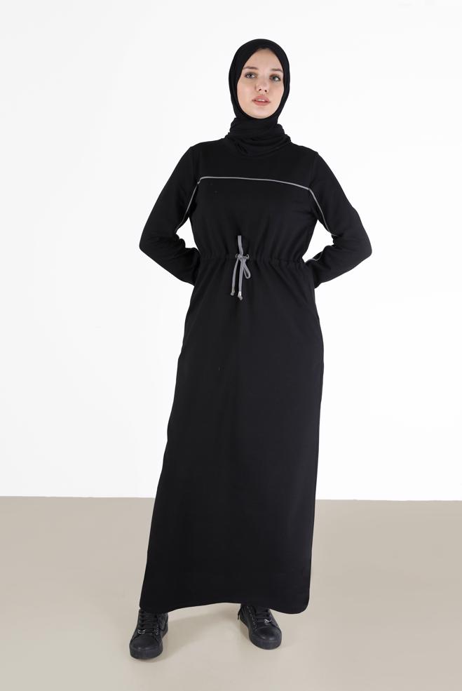 Vêtements hijab NOIR ROBE DE SURVÊTEMENT À RAYURES ET DÉTAILS 42350 - ALVİNA
