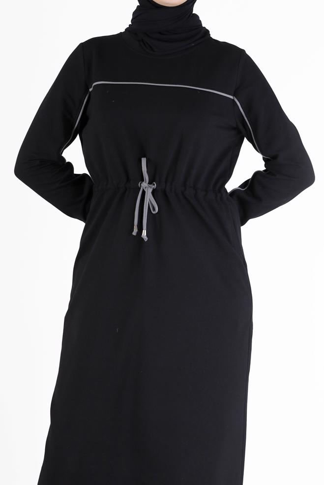 Vêtements hijab NOIR ROBE DE SURVÊTEMENT À RAYURES ET DÉTAILS 42350 - ALVİNA