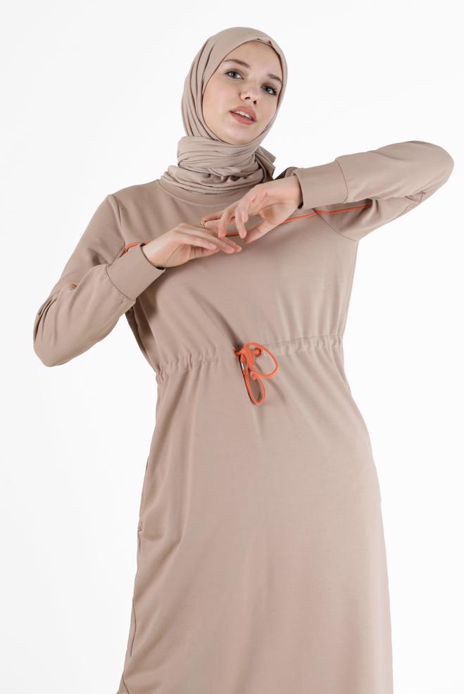 Vêtements hijab BEIGE ROBE DE SURVÊTEMENT À RAYURES ET DÉTAILS 42350 - ALVİNA