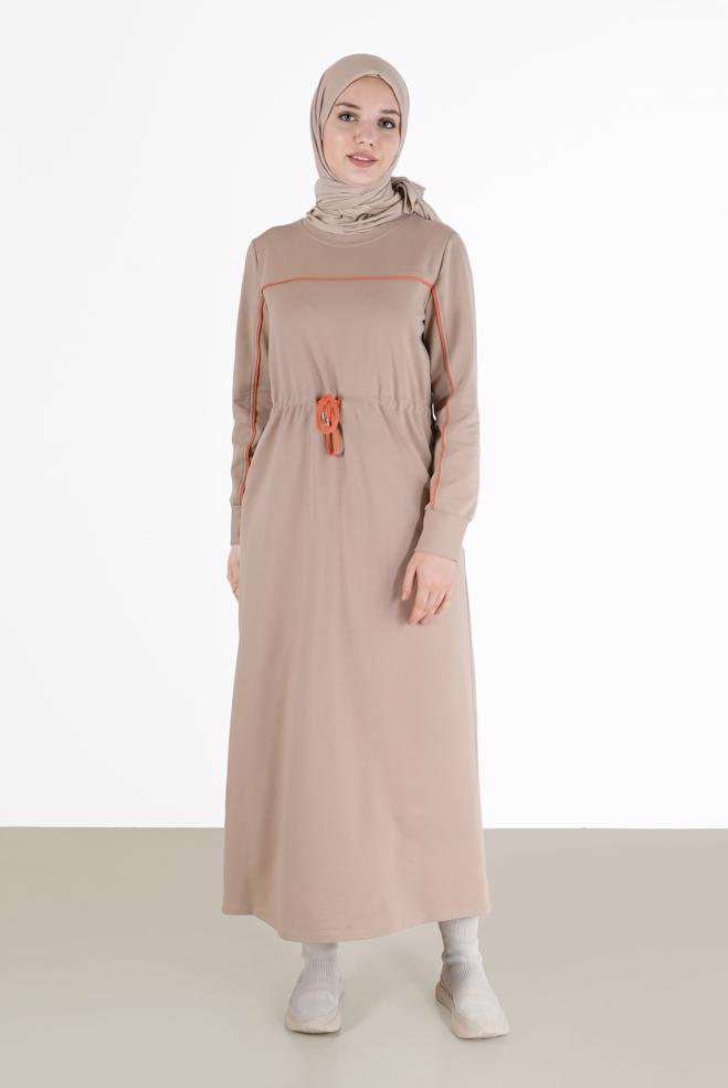 Vêtements hijab BEIGE ROBE DE SURVÊTEMENT À RAYURES ET DÉTAILS 42350 - ALVİNA