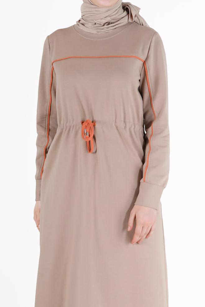 Vêtements hijab BEIGE ROBE DE SURVÊTEMENT À RAYURES ET DÉTAILS 42350 - ALVİNA