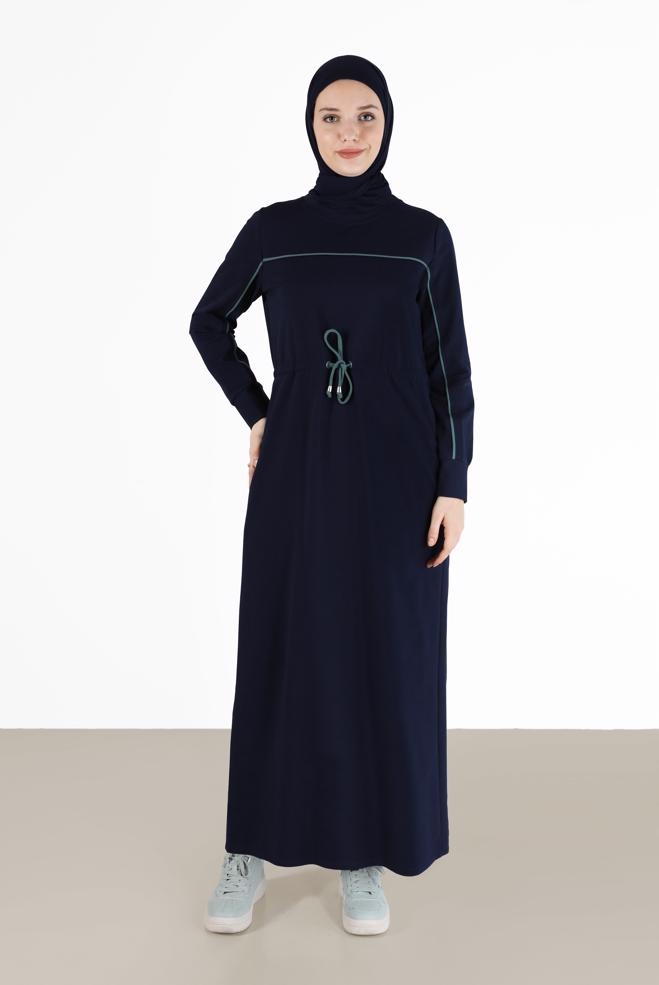 Vêtements hijab BLEU MARINE ROBE DE SURVÊTEMENT À RAYURES ET DÉTAILS 42350 - ALVİNA