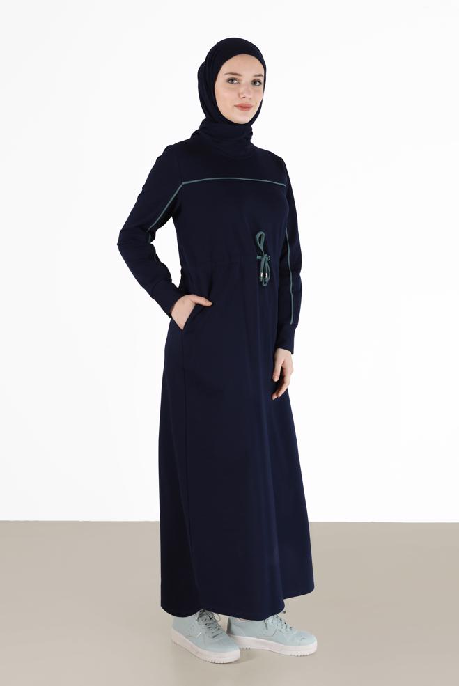 Vêtements hijab BLEU MARINE ROBE DE SURVÊTEMENT À RAYURES ET DÉTAILS 42350 - ALVİNA