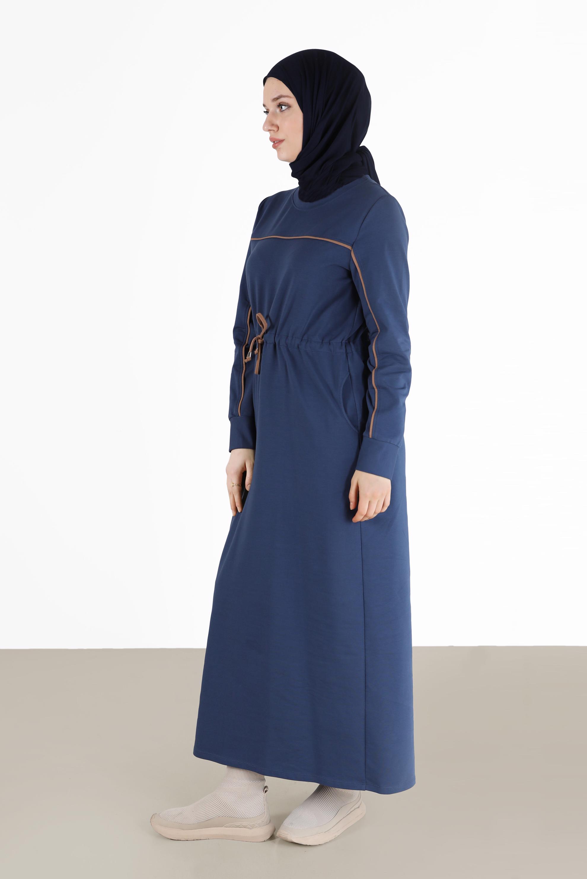 Hijab clothing NAVY BLUE GATHERED WAIST STRIPE DETAIL TRACKSUIT DRESS 42350 