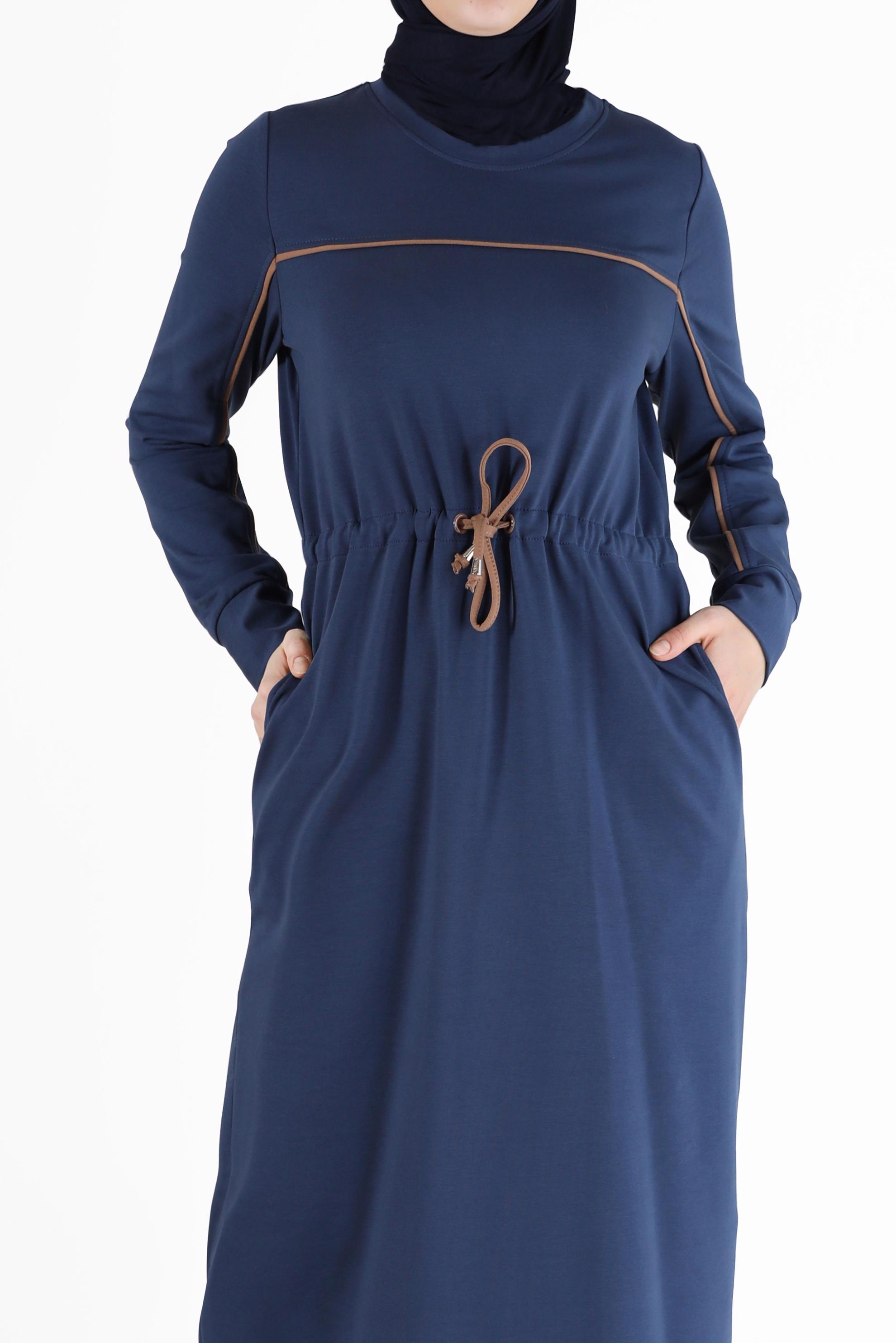 Hijab clothing NAVY BLUE GATHERED WAIST STRIPE DETAIL TRACKSUIT DRESS 42350 