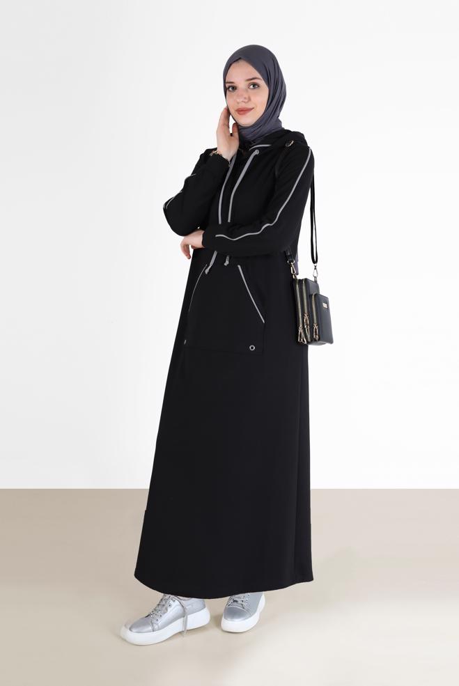 Vêtements hijab NOIR ROBE DE SURVÊTEMENT À CAPUCHE AVEC POCHES 42351 - ALVİNA